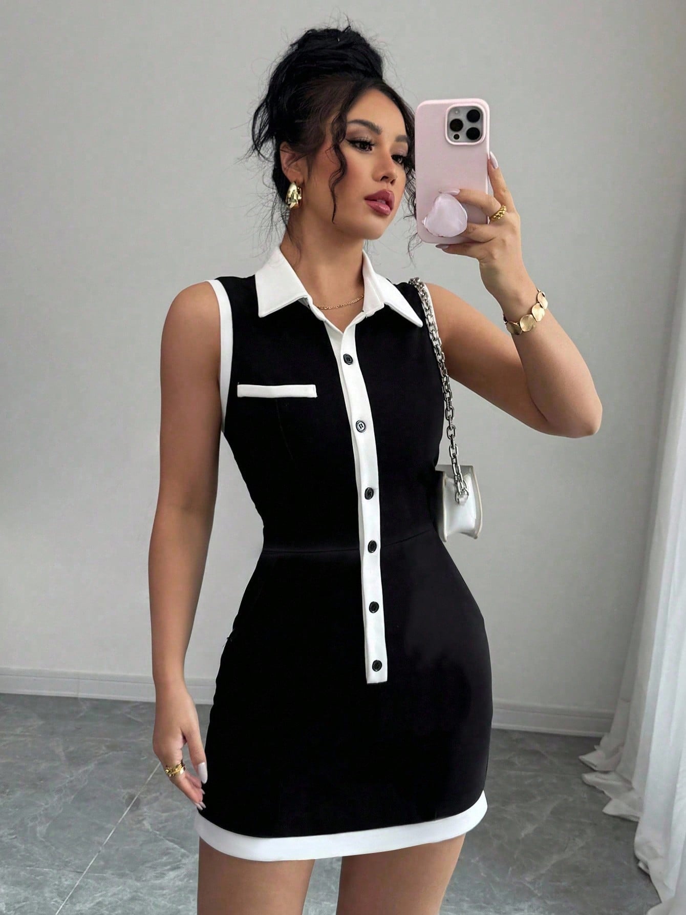 Women’s Woven Fabric Sleeveless Mini Dress, Contrast Collar Button Front Design, 1 Piece, For Daily and Work Wear