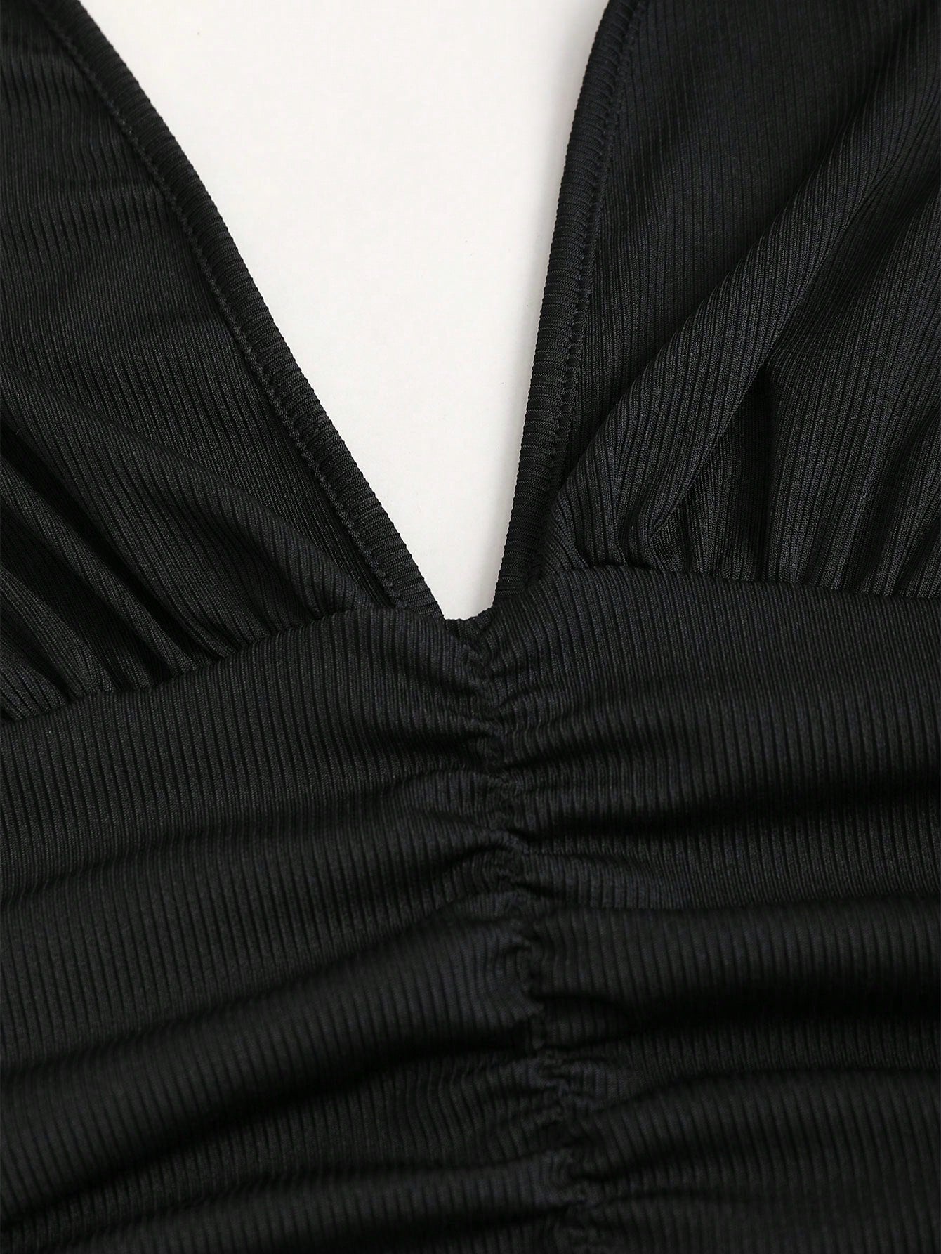 Patchwork Knit and Woven Mini Dress Black Color Single Piece V Neck Ruffle Detail Design For Casual Wear