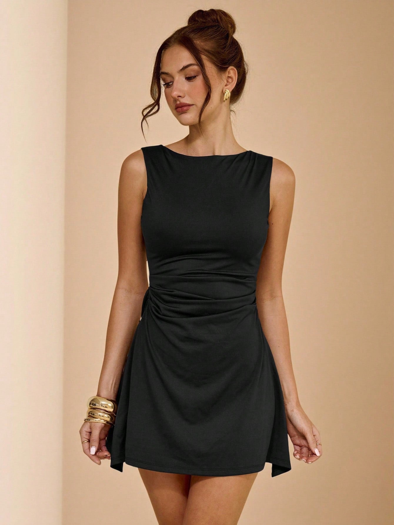 Women’s Woven Fabric Sleeveless Mini Dress, Ruched Detail, Solid Pattern, 1 Piece, For Everyday Wear
