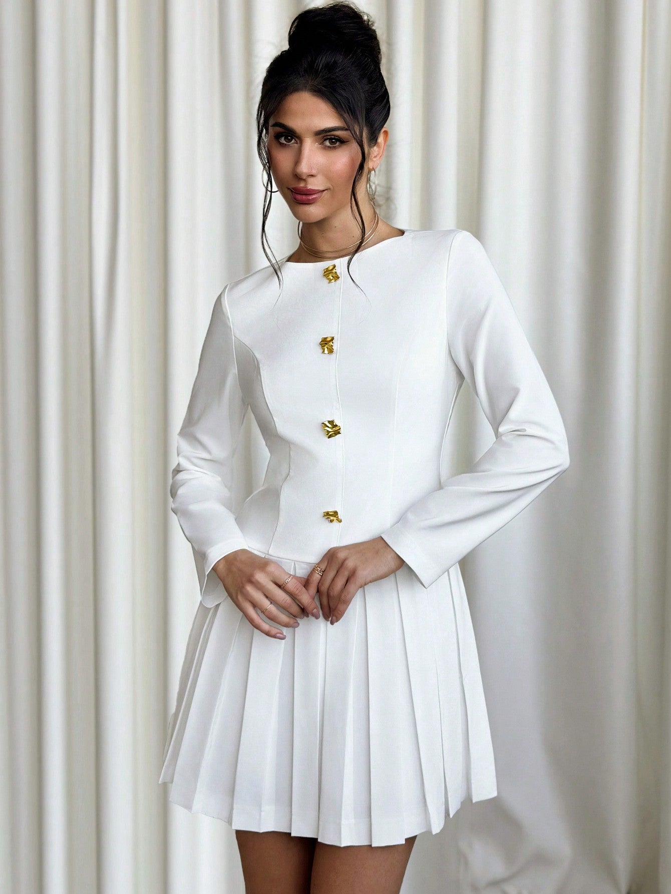 Women’s Woven Fabric A-Line Mini Dress, Long Sleeve Round Neck Design, Pleated Hem Detail, 1 Piece, For Work and Daily Wear