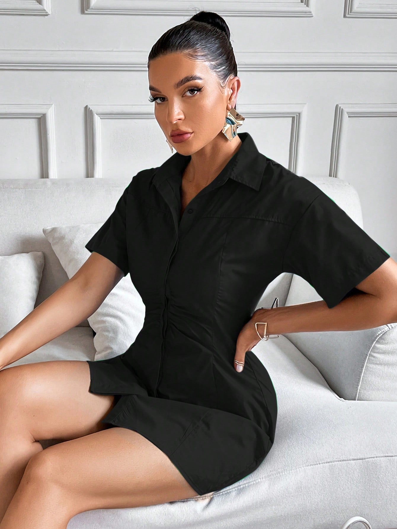Women’s Woven Fabric Shirt Dress, Ruched Front Design, Solid Pattern, 1 Piece, For Work and Daily Wear