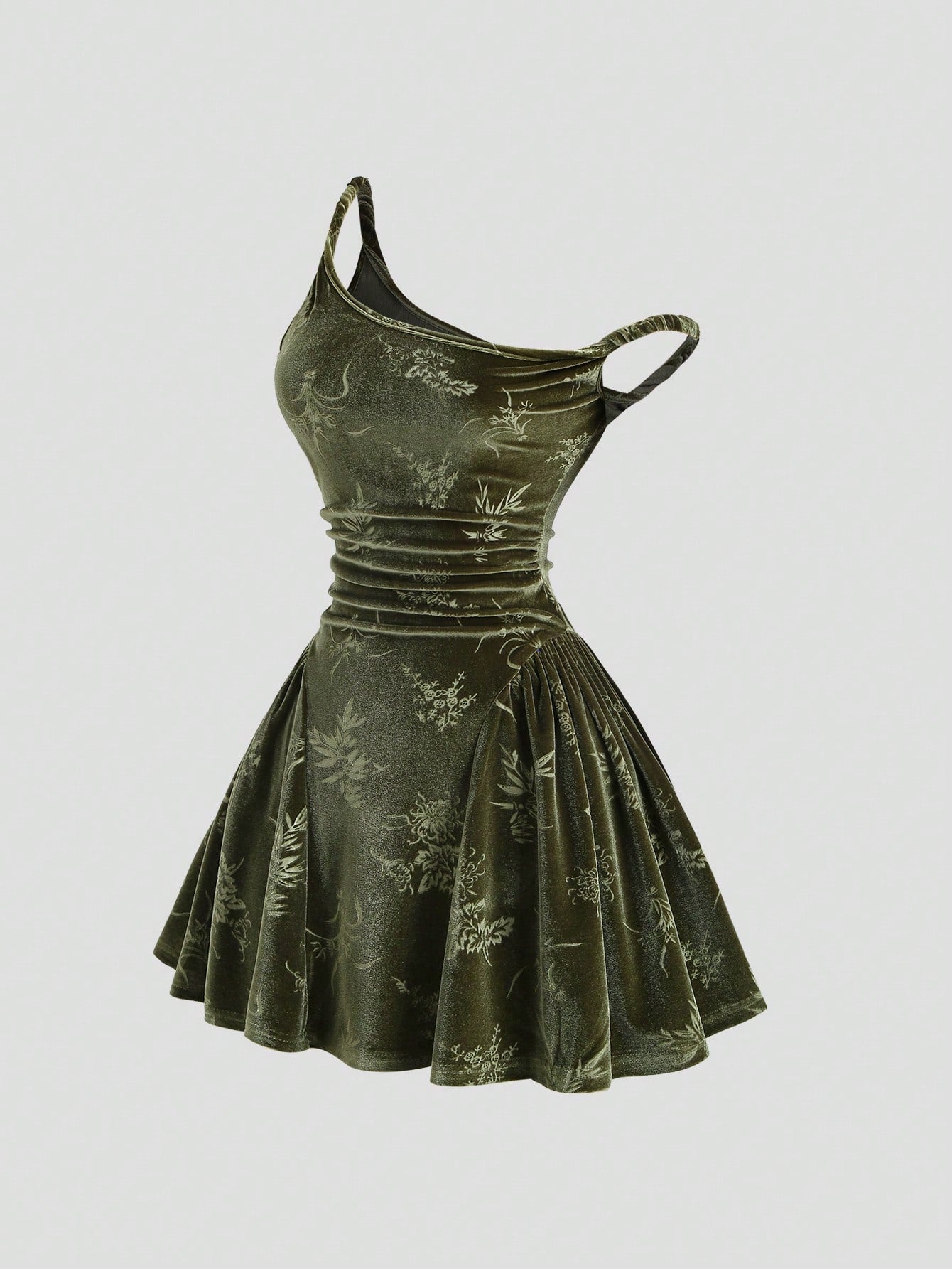 Velvet Fabric Dress Olive Green Color Single Piece Pleated Print Sleeveless Strap Design For General Occasions