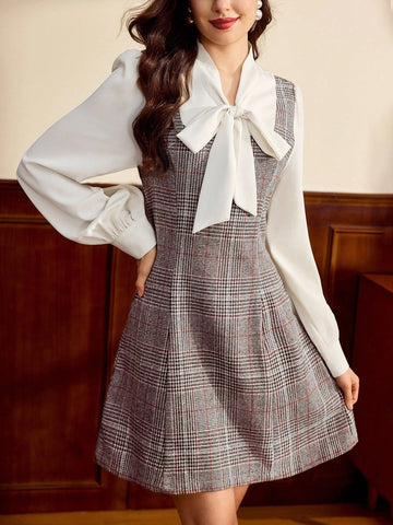 Women’s Woven Fabric Dress, Long Sleeve Collar Design, Plaid Pattern, 2 In 1 Style, 1 Piece, For Autumn and Winter Wear