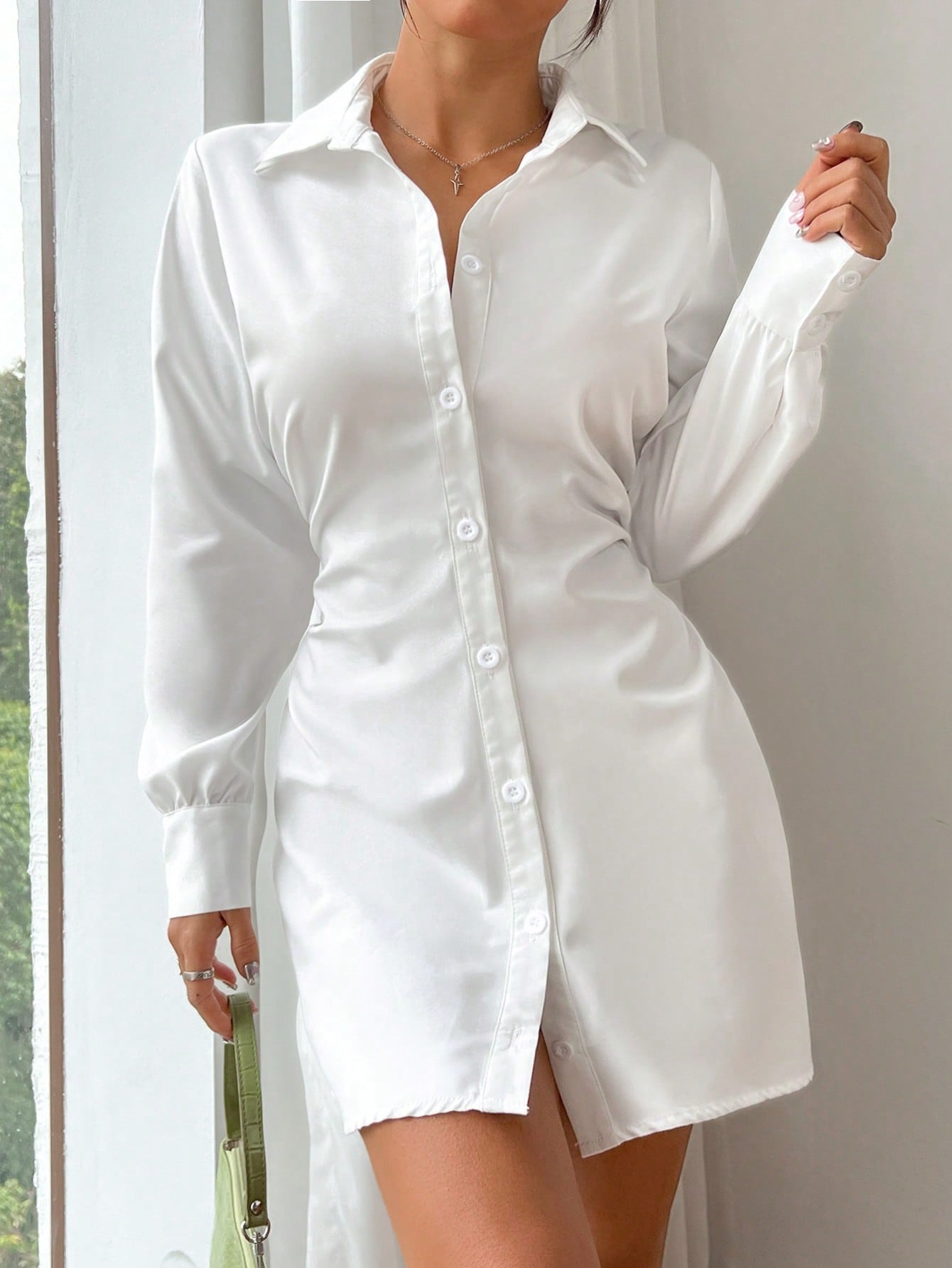 Women’s Woven Fabric Long Sleeve Dress, Shirt Collar Design, Solid Pattern, 1 Piece, For Daily and Work Wear