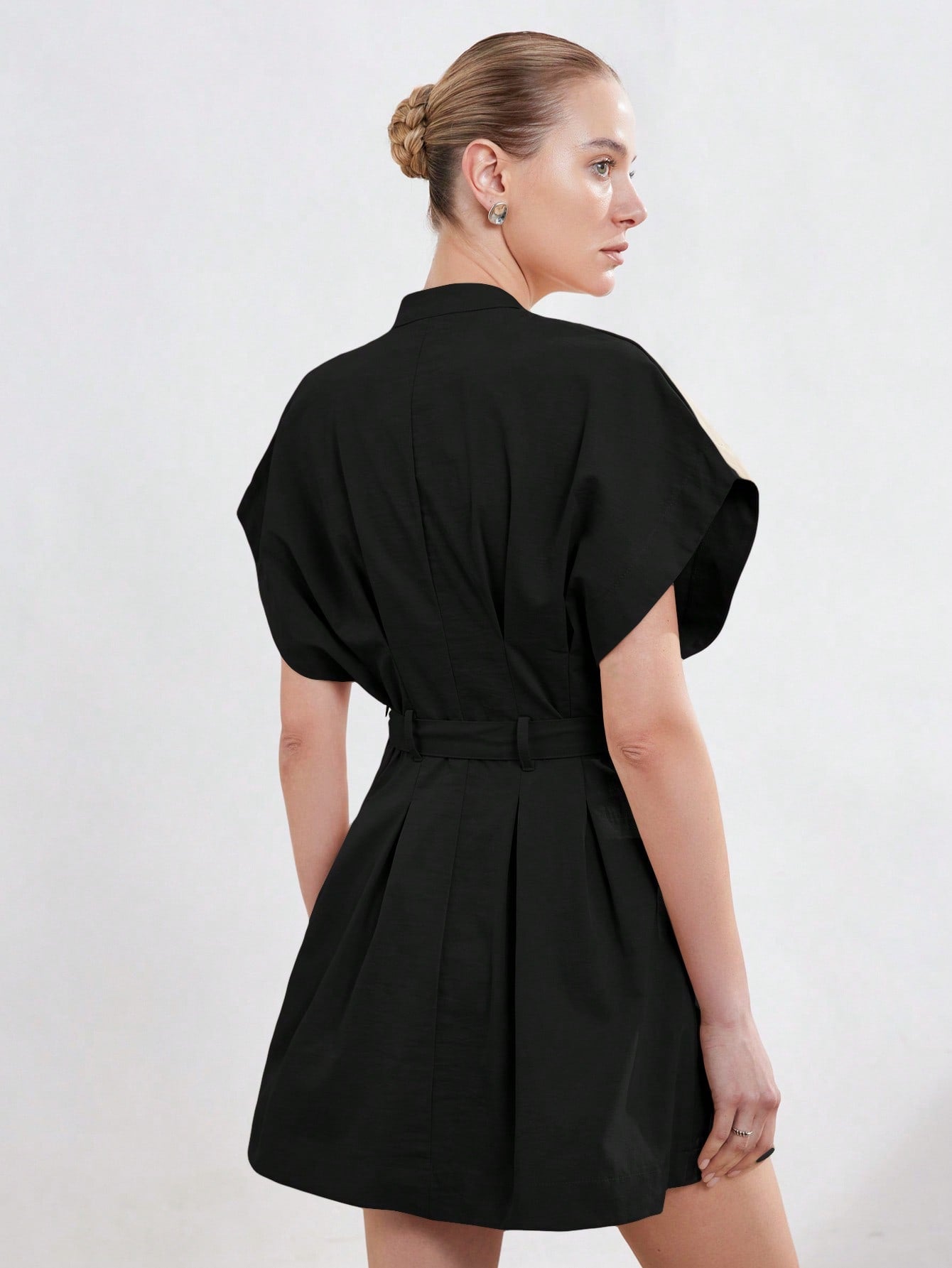 Women’s Woven Fabric A-Line Dress, Stand Collar Round Neck Design, Cap Sleeve Style with Ruched Detail and Belt, 1 Piece, For Commuting and Daily Wear