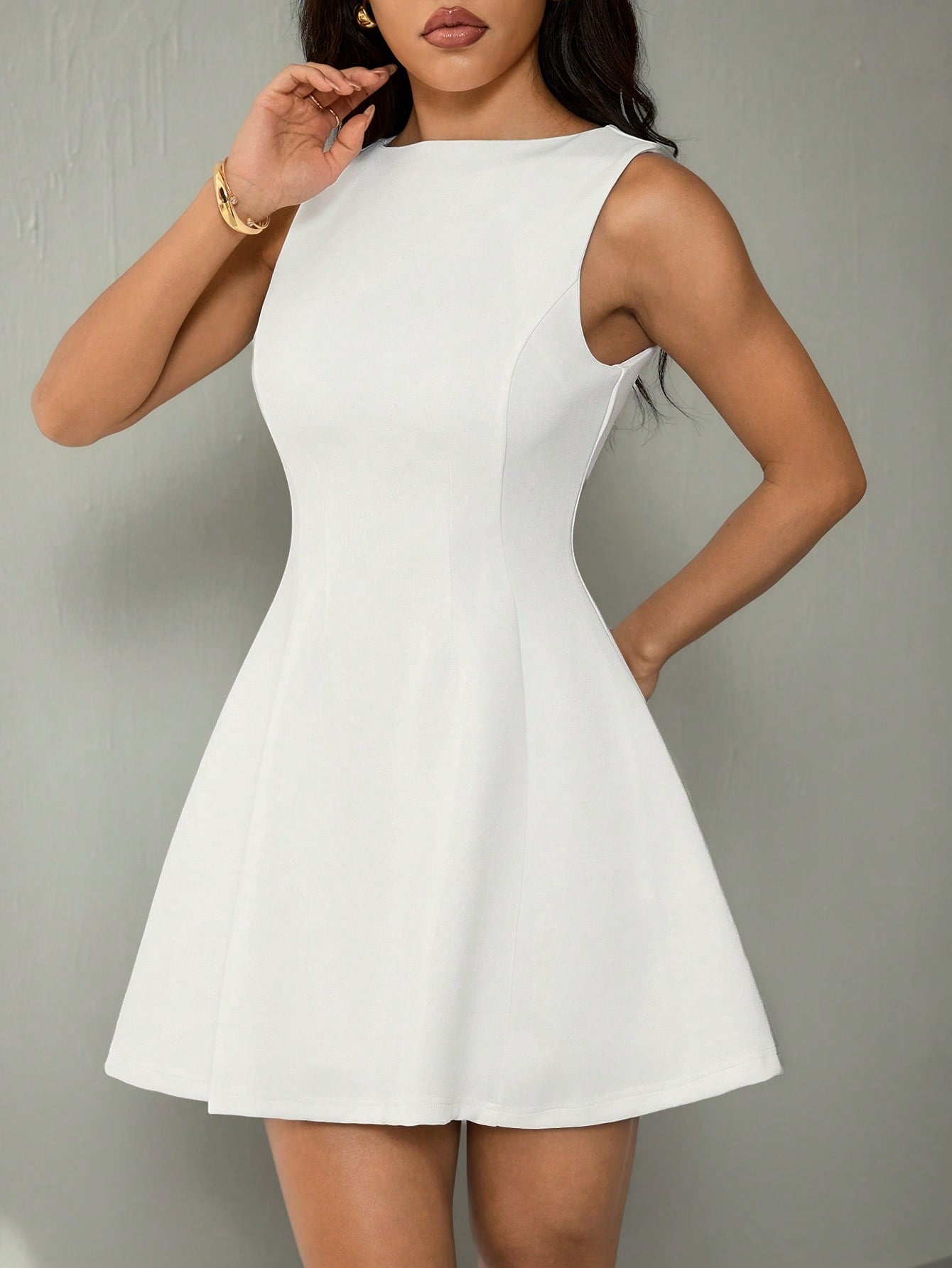 Women’s Woven Fabric Sleeveless A-Line Dress, Adjustable Waist Detail, Solid Pattern, 1 Piece, For Autumn and Summer Wear