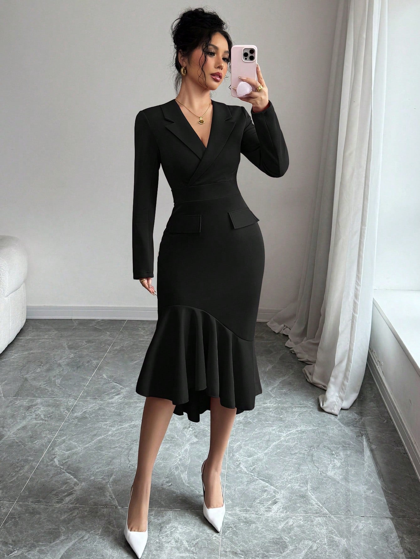 Women’s Woven Fabric Midi Dress, Long Sleeve Lapel Collar, Asymmetrical Hem Design, 1 Piece, For Everyday Wear