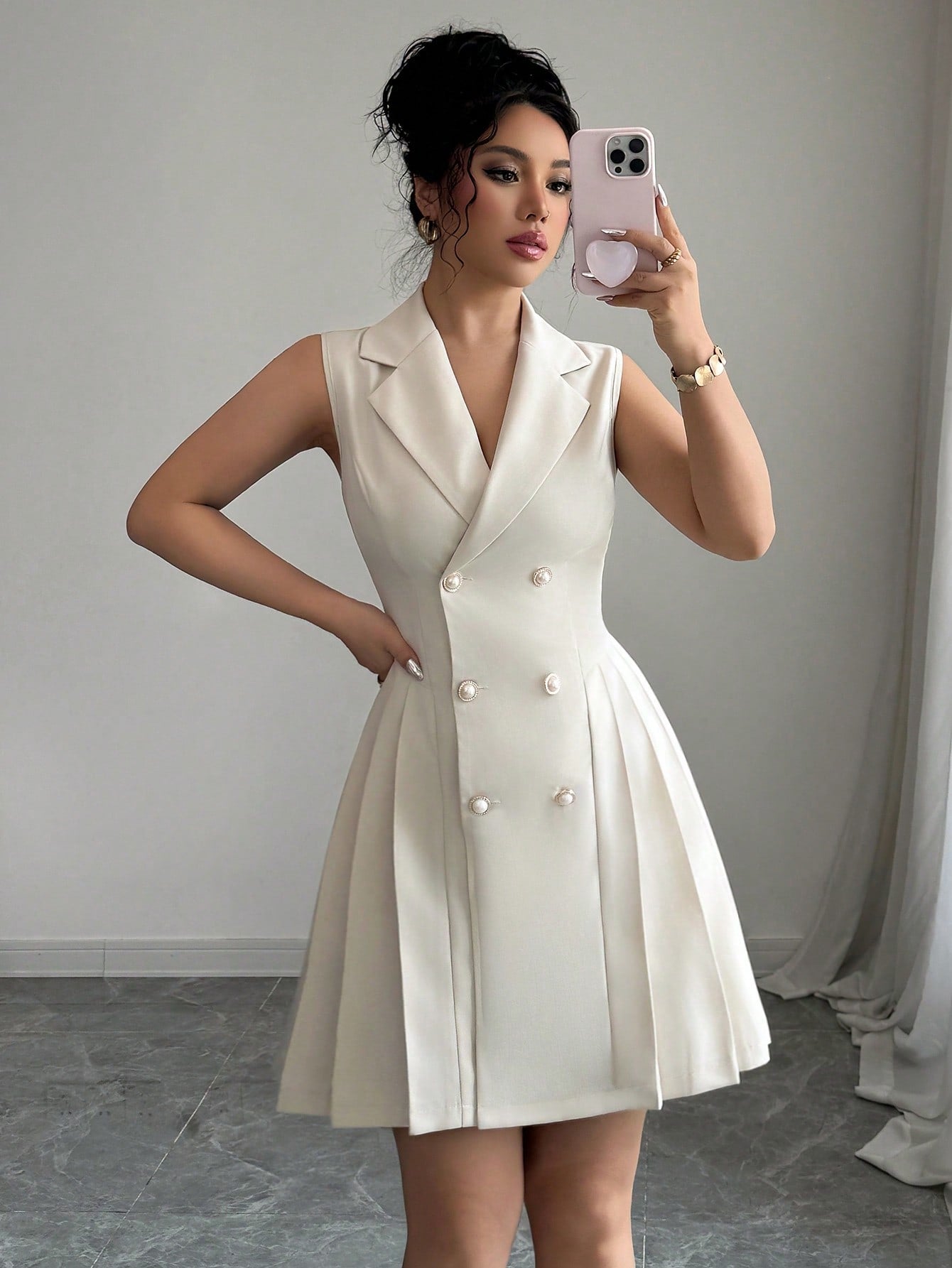 Women’s Woven Fabric Short Dress, Sleeveless Double Breasted Design, Solid Pattern, 1 Piece, For Work and Daily Wear