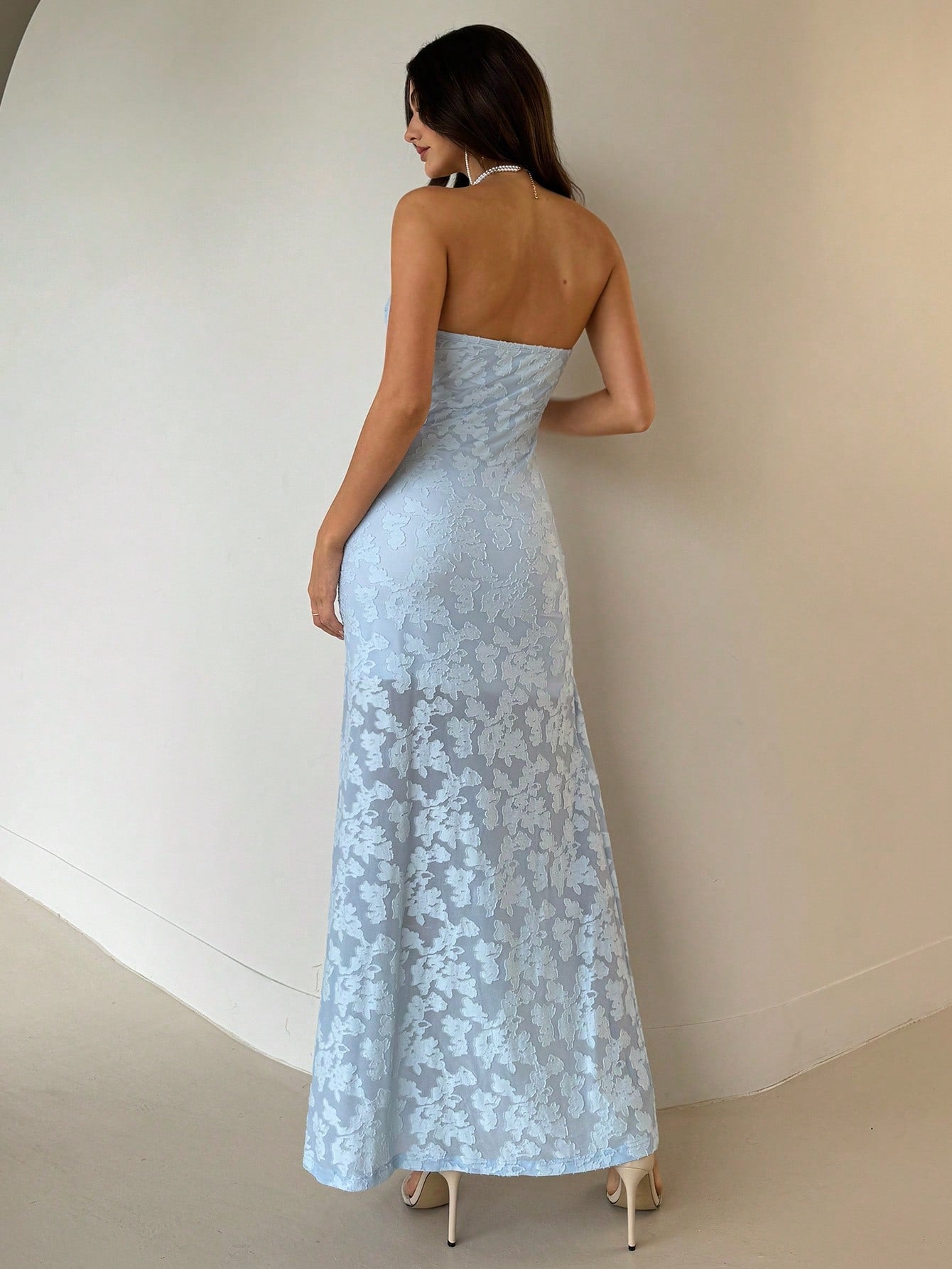 Knit Midi Dress with Floral Cutout Detail, Backless Design, and High Slit for Wedding Guest, Holiday, and Graduation Occasions