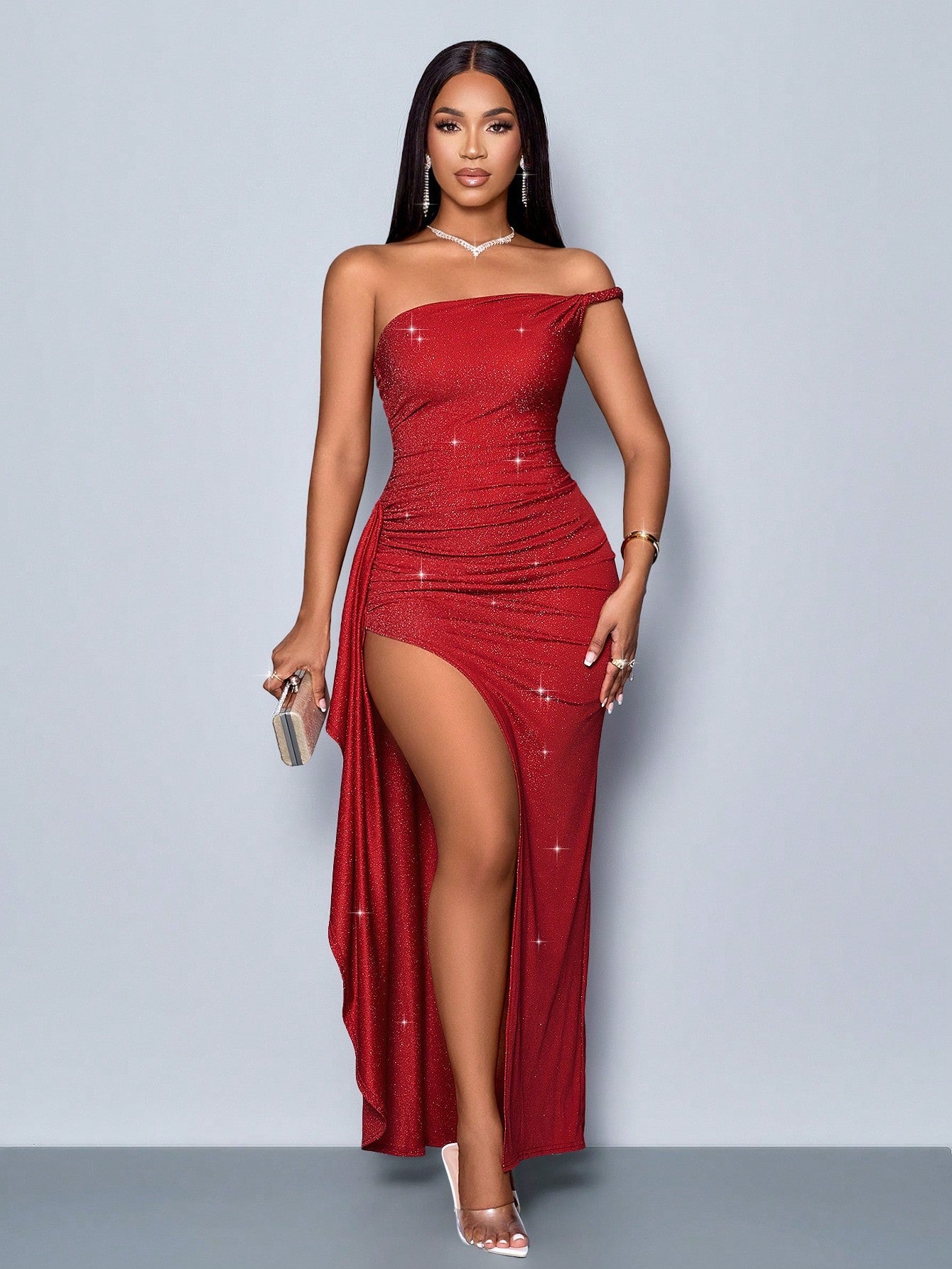 Asymmetrical Shoulder Strap High Slit Ruffle Trim Long Dress for Parties and Holiday Occasions