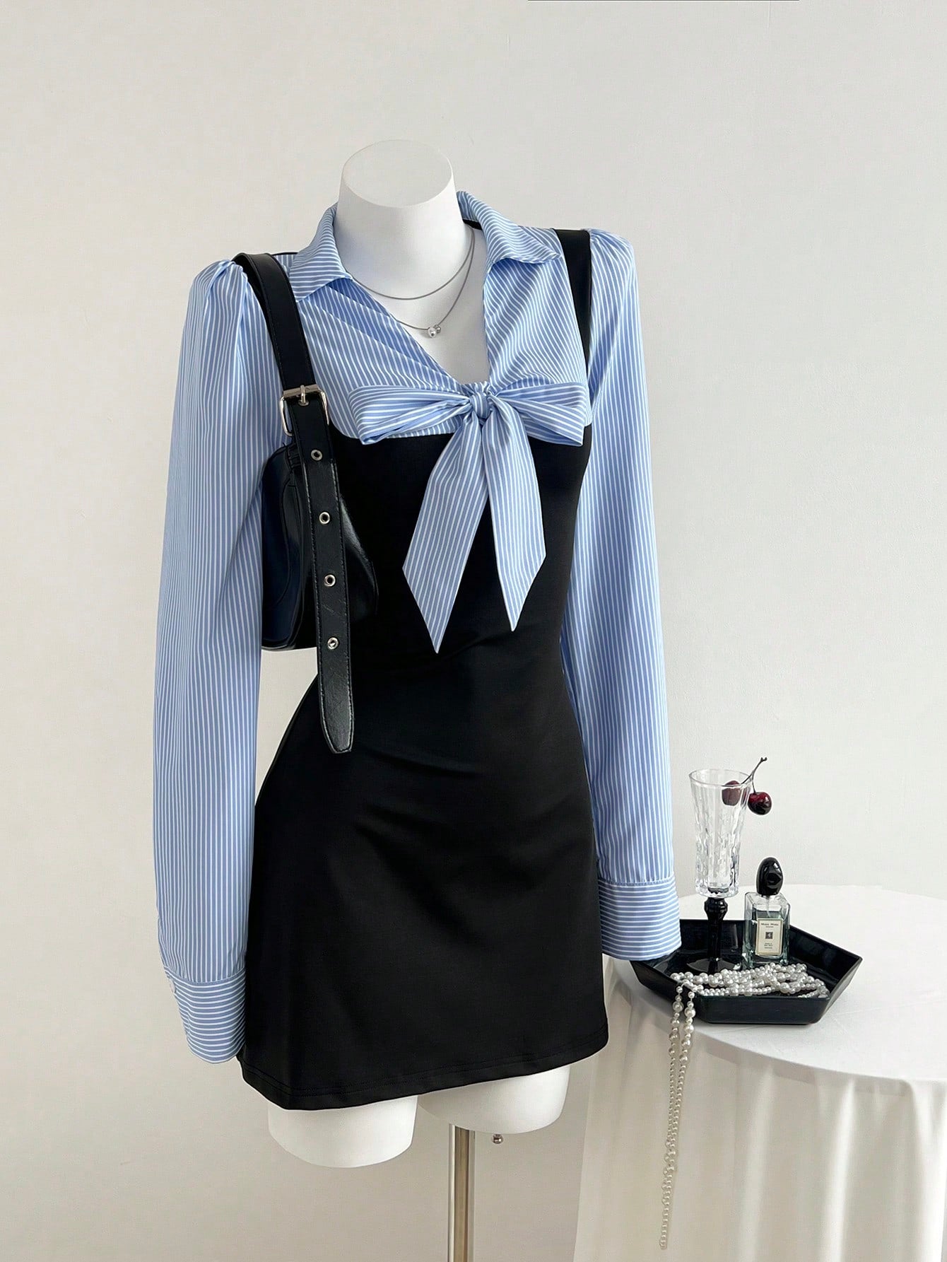Women’s Woven Fabric Short Dress, Long Sleeve Design with Tie Detail, Color Block Striped Pattern, 1 Piece, For Autumn and Winter Wear