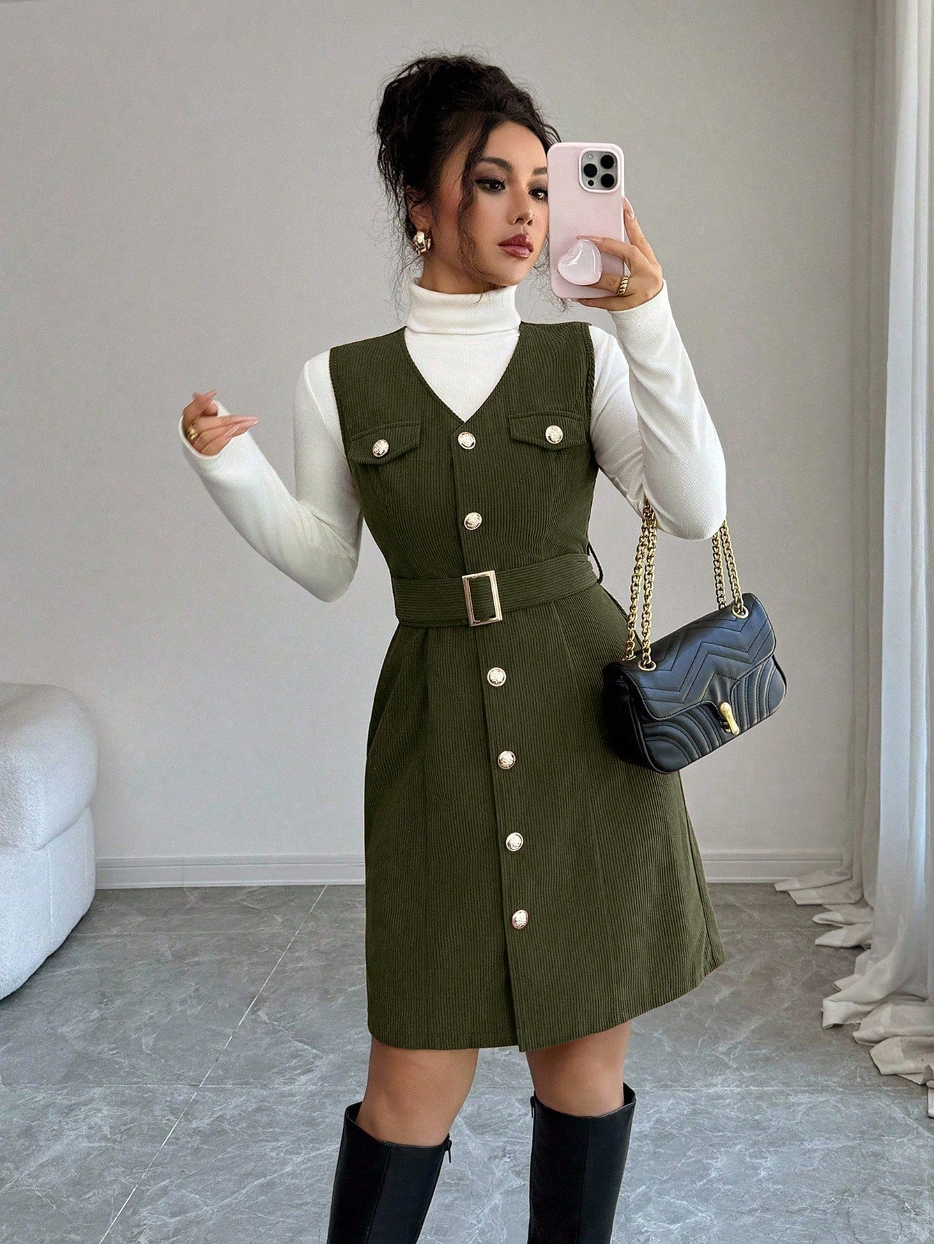 Women’s Textured Fabric Mini Dress, Sleeveless V-Neck Design with Button Detail, 1 Piece, For Daily Wear