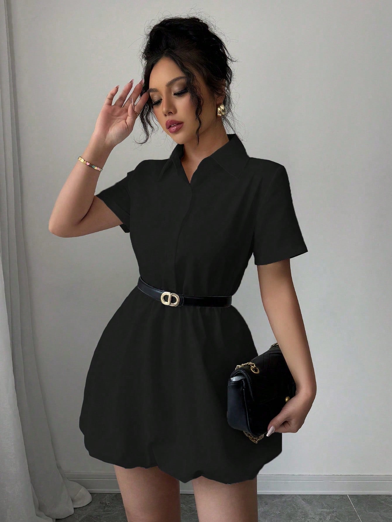 Women’s Woven Fabric Shirt-Style Mini Dress, Short Sleeve Design, Solid Pattern, 1 Piece, For Casual Wear