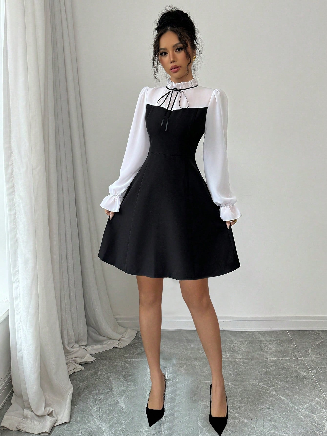 Women’s Woven Fabric Long Sleeve Dress, Stand Collar Tie Detail, Ruffle Hem Design, 1 Piece, For Autumn Wear