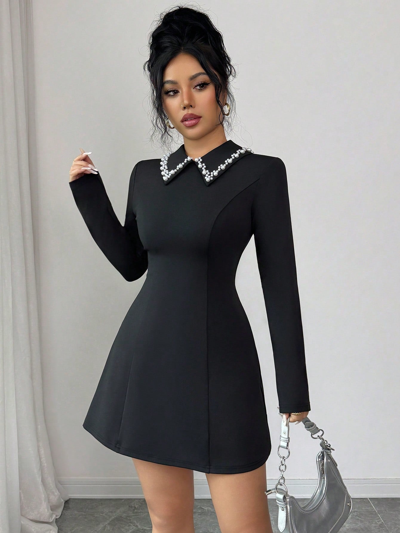 Women’s Woven Fabric A-Line Dress, Long Sleeve Small Collar Design, Decorative Accent Detail, Color Block Pattern, 1 Piece, For Daily and Work Wear