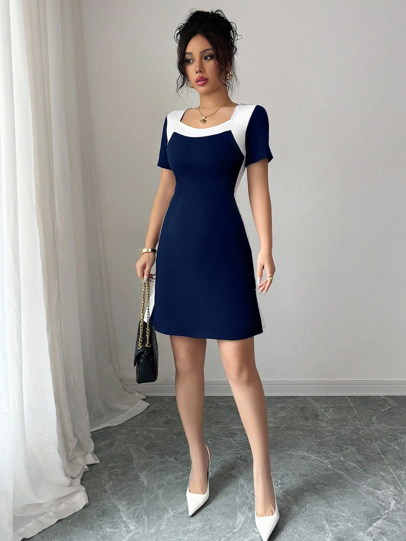 Women’s Woven Fabric Short Sleeve Dress, Square Neck Design, 1 Piece, For Spring and Summer Wear