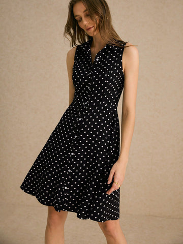 Women’s Woven Fabric Shirt-Style Mini Dress, Sleeveless Button Front Design, Polka Dot Pattern, 1 Piece, For Commuting and Daily Wear