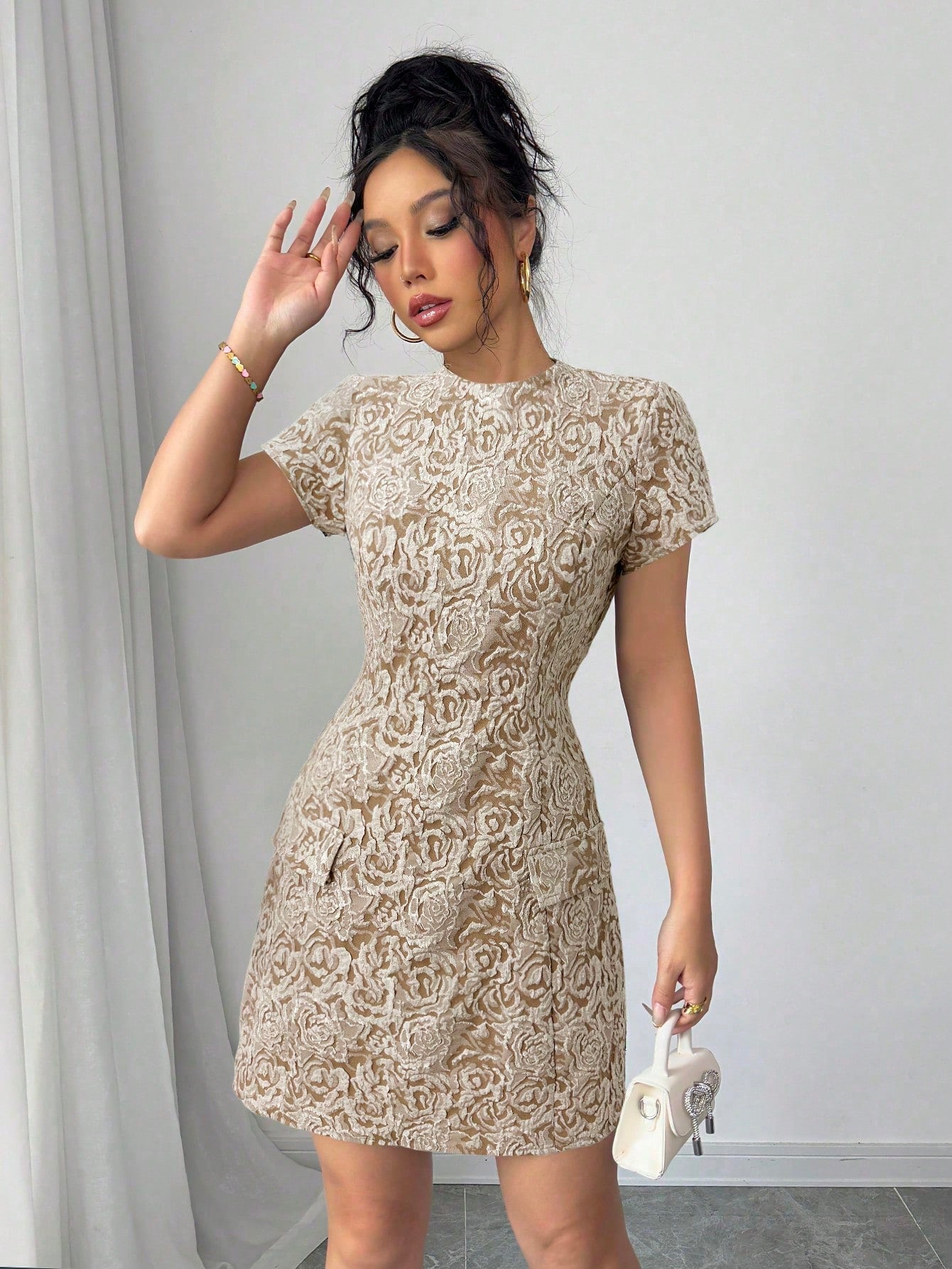 Women’s Jacquard Fabric Short Dress, Decorative Pattern Detail, 1 Piece, For Everyday Wear