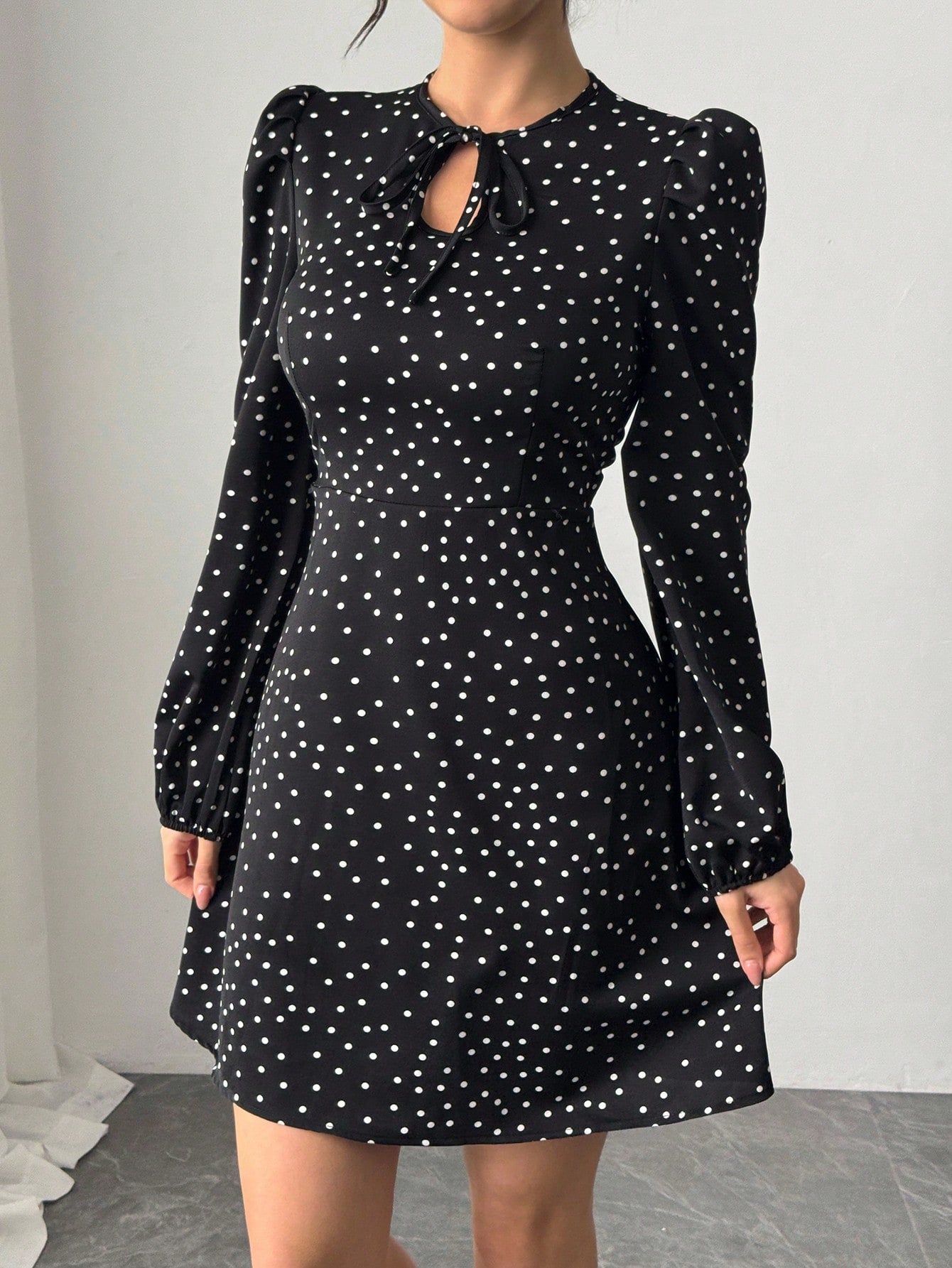 Women’s Woven Fabric Dress, Long Sleeve Design with Bow Detail, Polka Dot Pattern, 1 Piece, For Spring and Autumn Wear