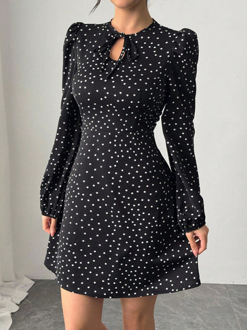 Women’s Woven Fabric Dress, Long Sleeve Design with Bow Detail, Polka Dot Pattern, 1 Piece, For Spring and Autumn Wear