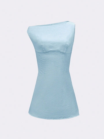 Women’s Woven Fabric Short Dress, Asymmetrical Neck Design with Waist Detail, Solid Pattern, 1 Piece, For Summer Wear