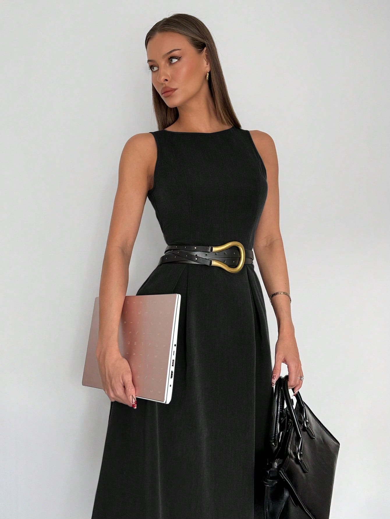 Women’s Woven Fabric Midi Dress, Sleeveless A-Line Design with Pocket Detail, 1 Piece, For Business Casual Wear