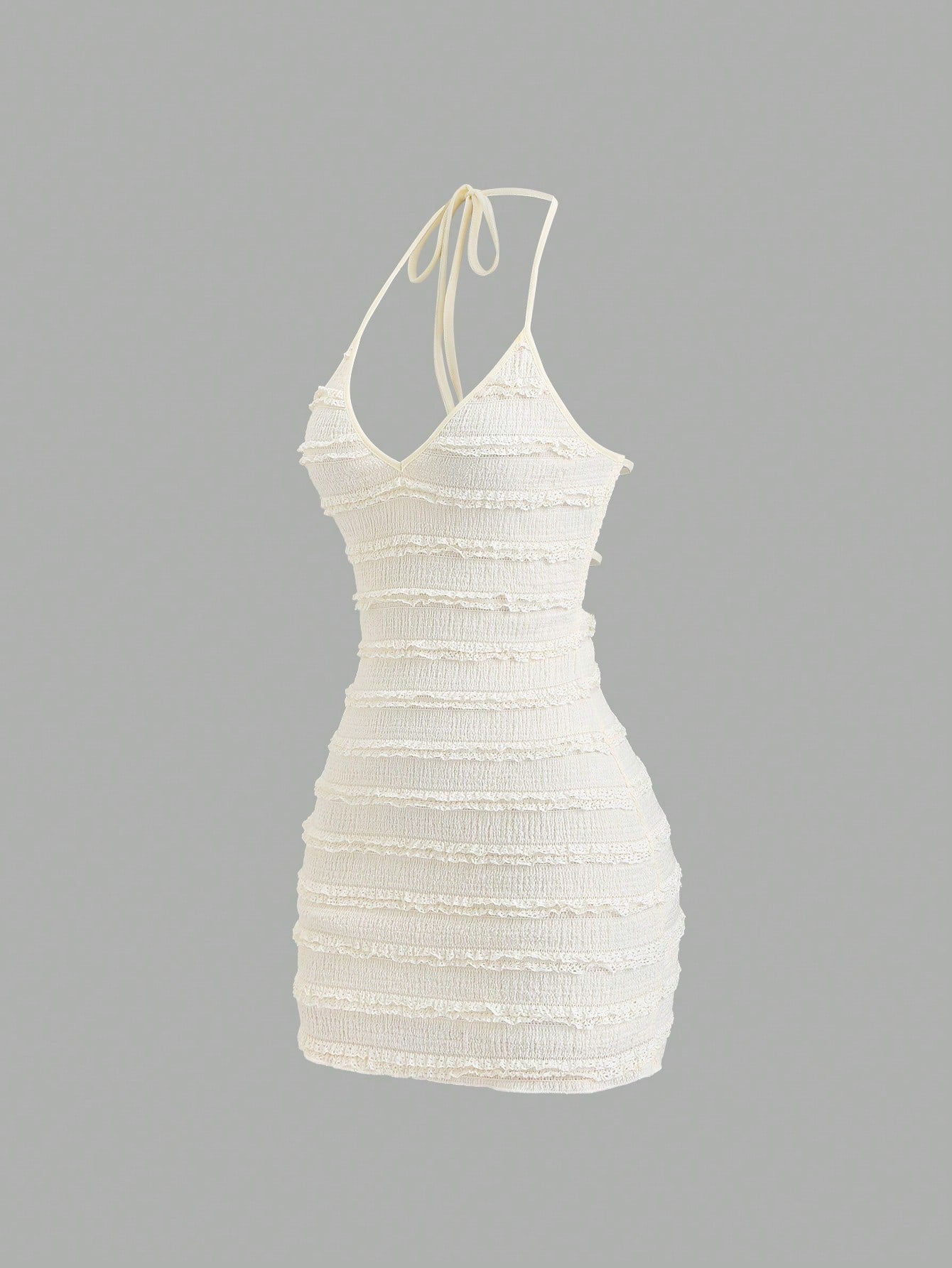 Textured Knit Mini Dress Neutral Color Single Piece Frill Trim Tie Detail Design For Casual Wear