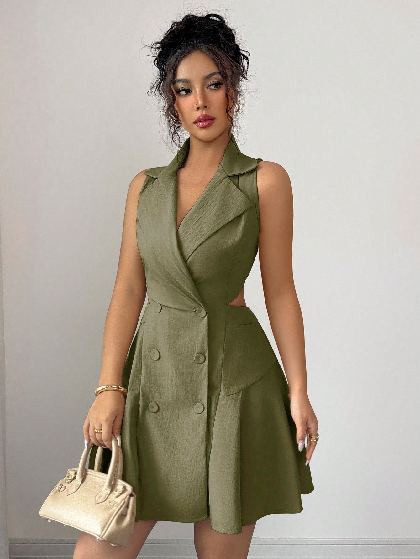 Women’s Woven Fabric Sleeveless Dress, Double Breasted Design, Solid Pattern, 1 Piece, For Commuting and Daily Wear