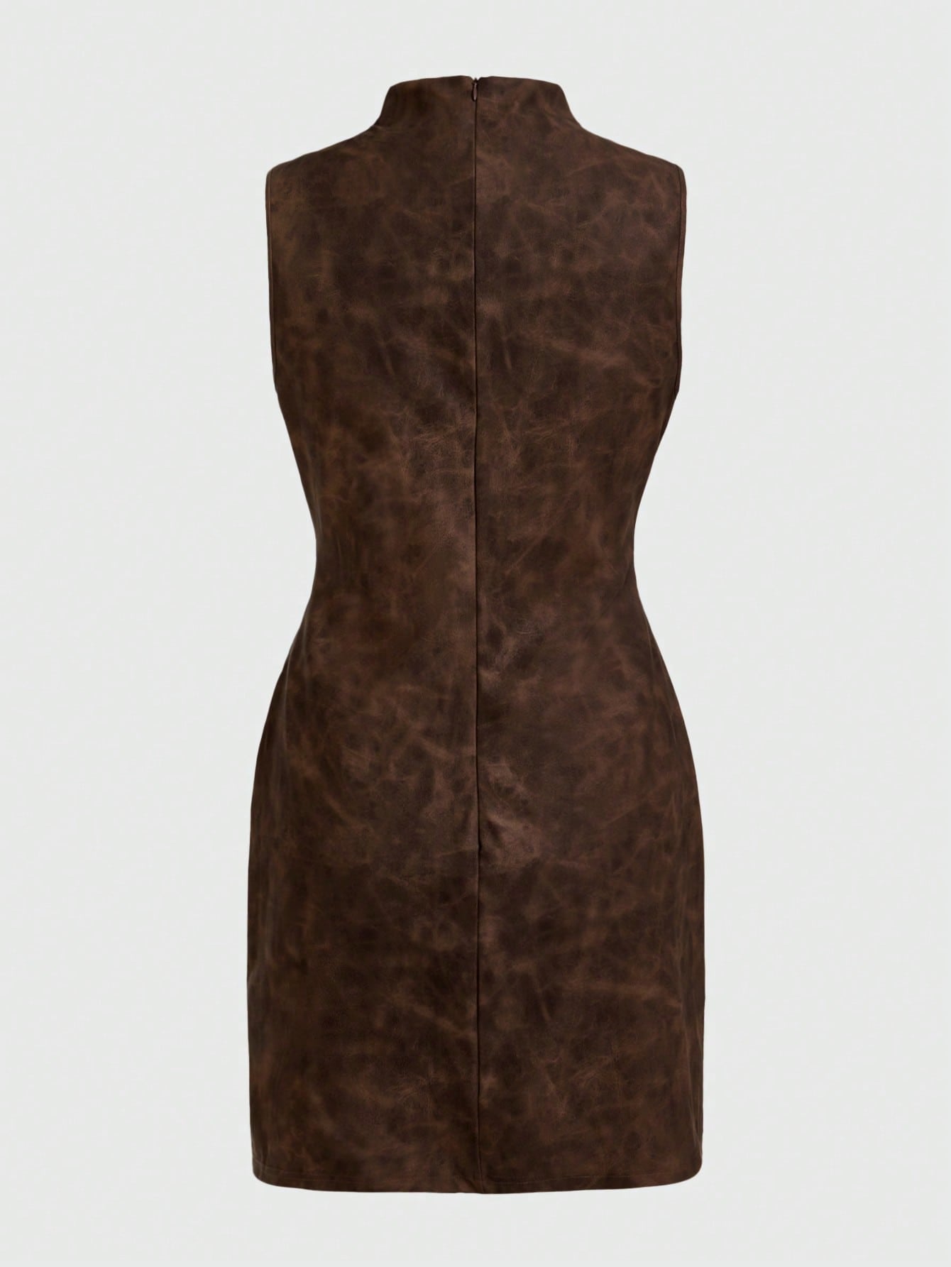 Women’s PU Fabric Mini Dress, Sleeveless Stand Collar Design, Ruched Detail, Solid Pattern, 1 Piece, For Daily Wear