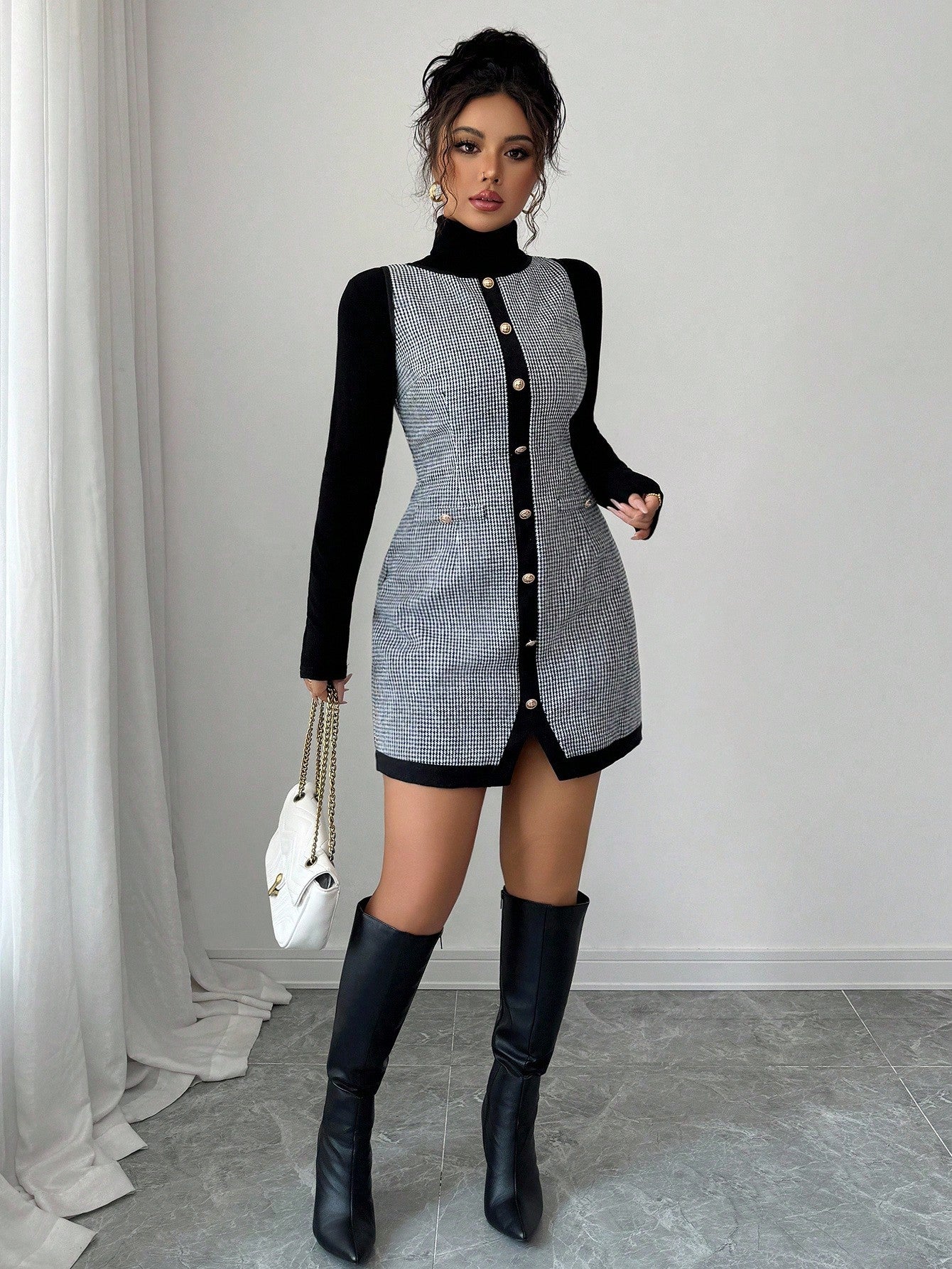 Women’s Wool-Blend Fabric Sleeveless Dress, Round Neck Patchwork Design, 1 Piece, For Office and Daily Wear