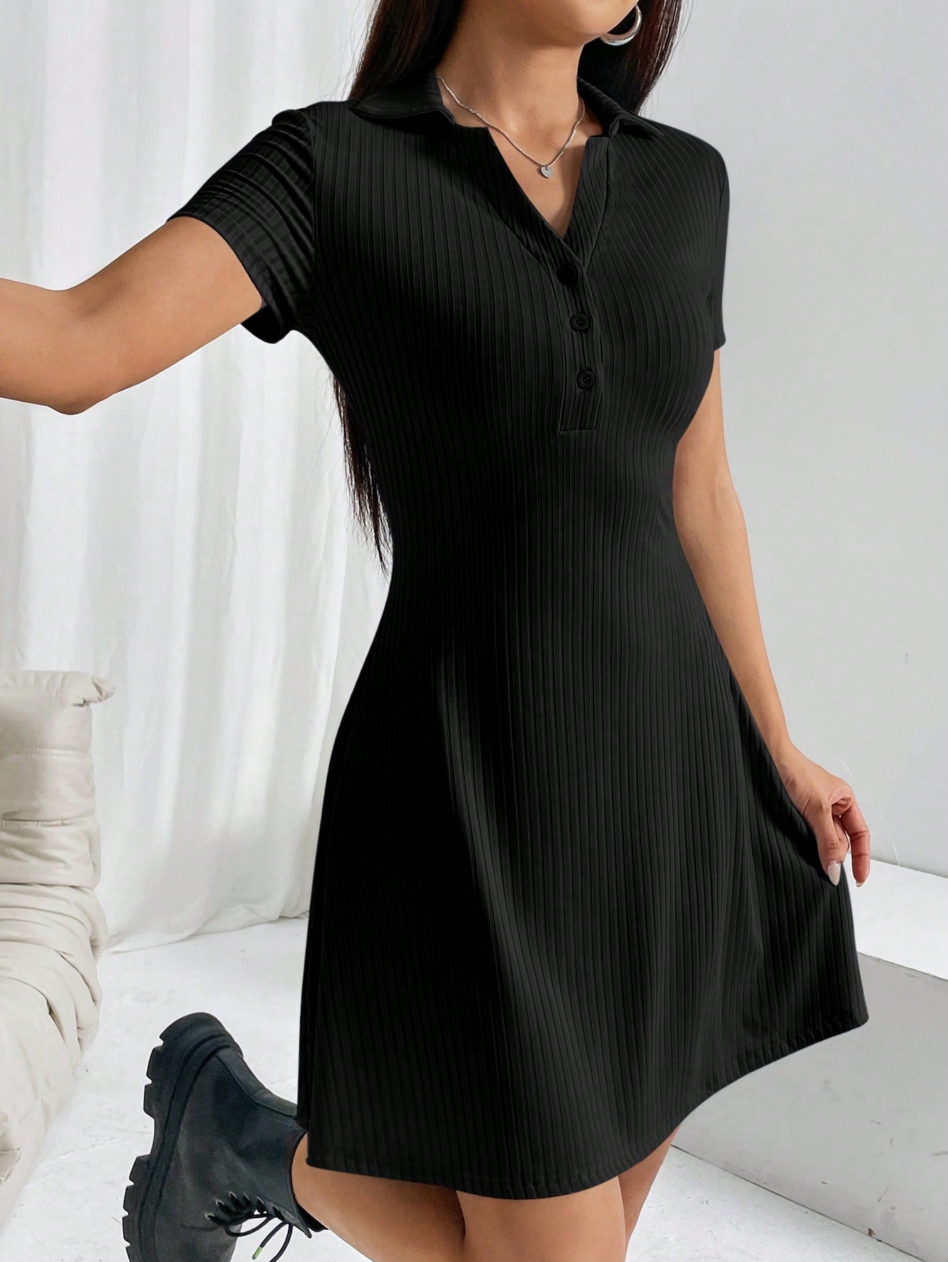 Women’s Woven Fabric Short Sleeve Dress, Polo Collar Design, Solid Pattern, 1 Piece, For Office and Daily Wear