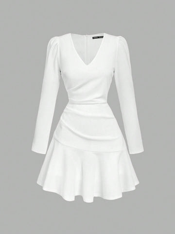 White Pleated Long Sleeve Dress with V Neck Design Short Length for Daily Styling