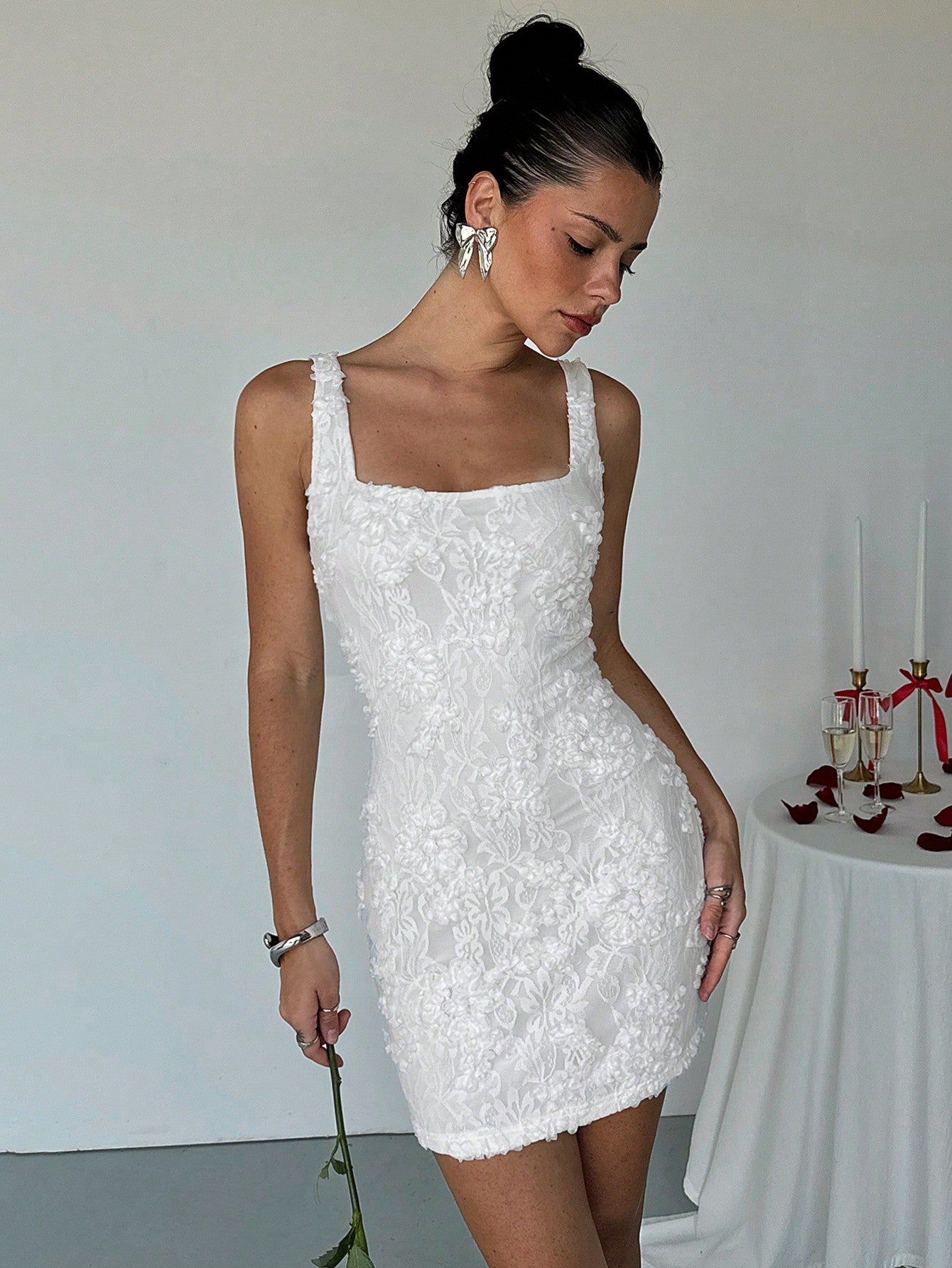 Mini Lace Dress with 3D Floral Detail for Wedding, Party, and Seasonal Occasions