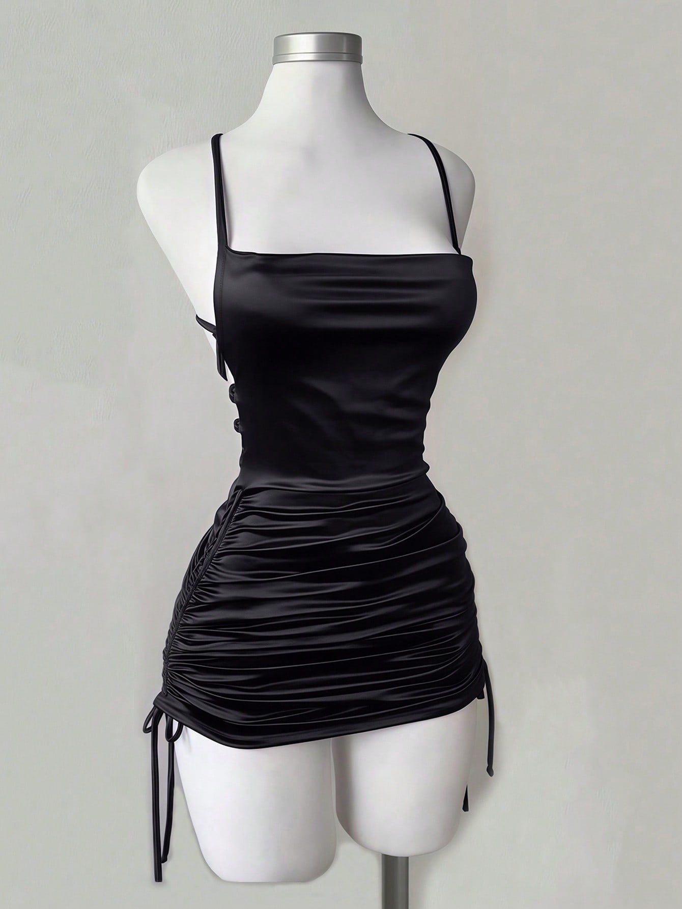 Simple Slip Dress with Slit Neck and Pleated Decoration