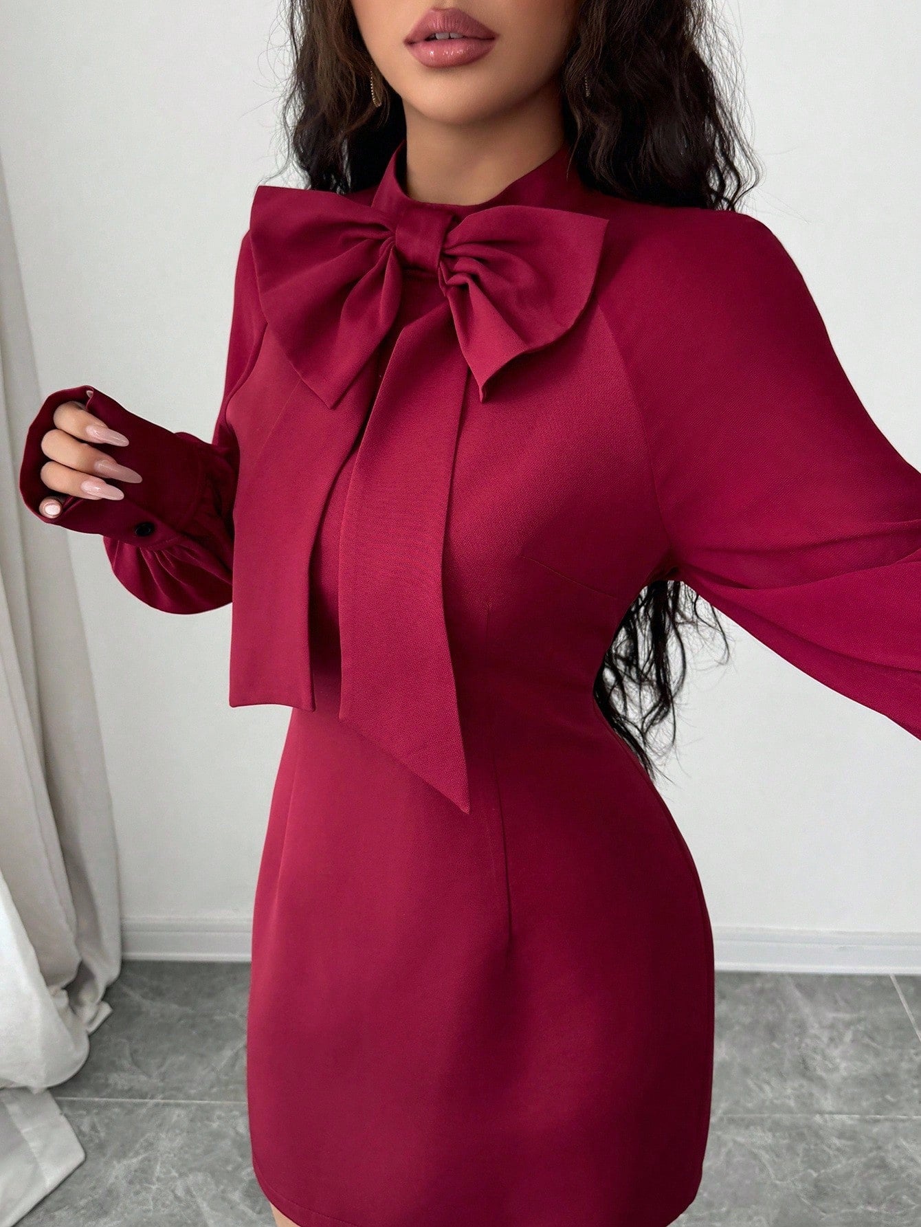 Bow Knot Collar Lantern Sleeve Mini Dress with Clean Structured Design for Everyday Wear