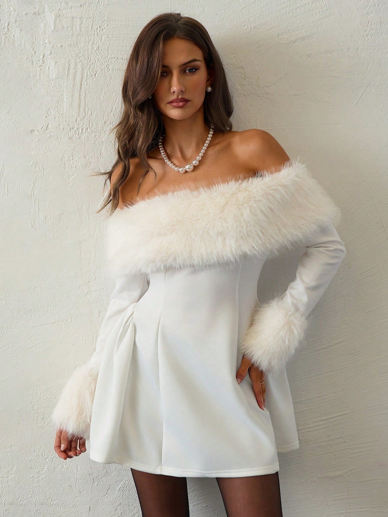 Off-Shoulder Faux Fur Patchwork A-Line Mini Dress for Parties, Gatherings, and Holiday Events