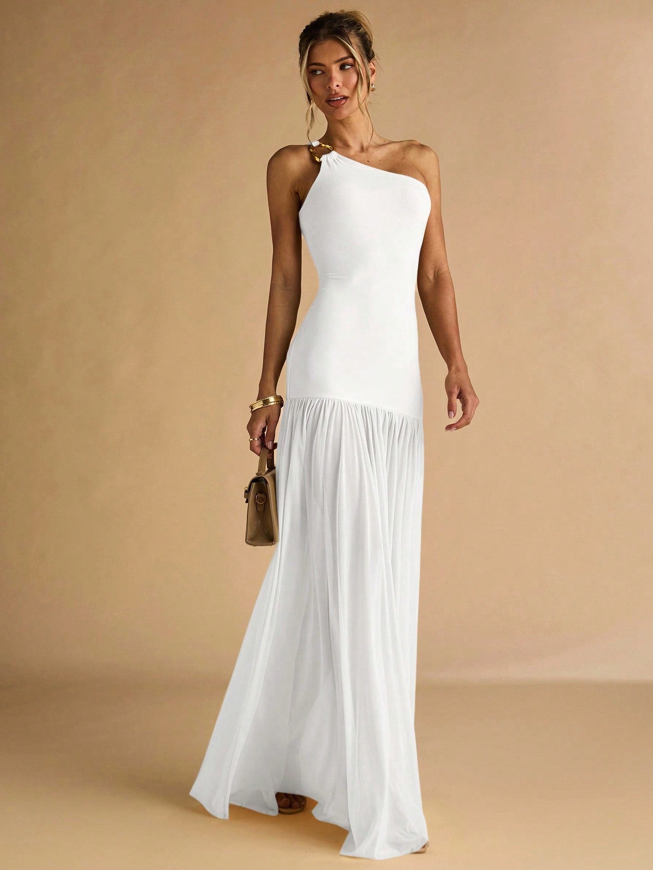 Asymmetric Shoulder Bodycon Dress with Metal Buckle Detail and Sheer Hem for Fall Wedding Guest Occasions