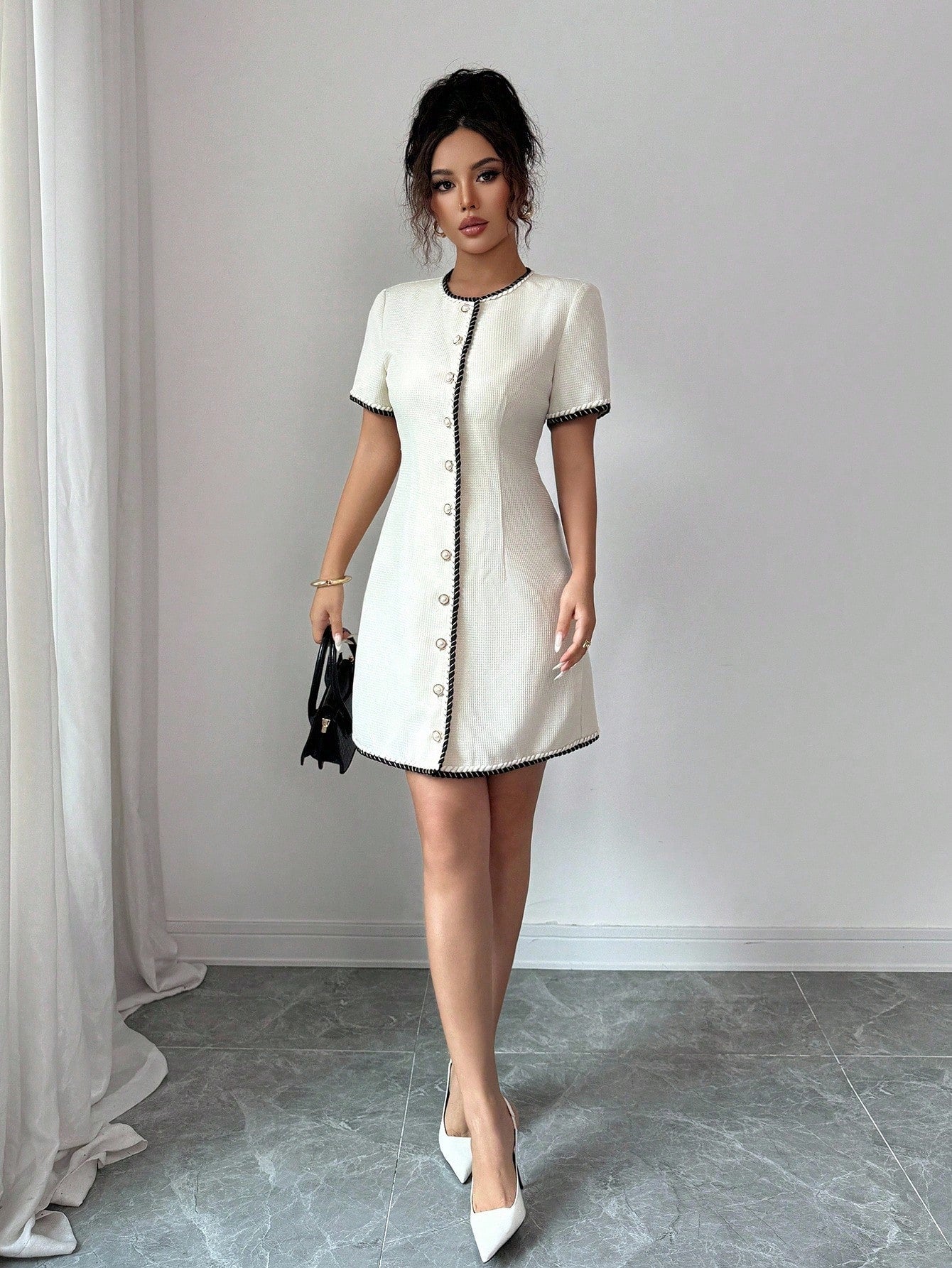 Women’s Woven Fabric Short Dress, Round Neck Design with Button Detail and Waist Trim, 1 Piece, For Spring and Summer Wear