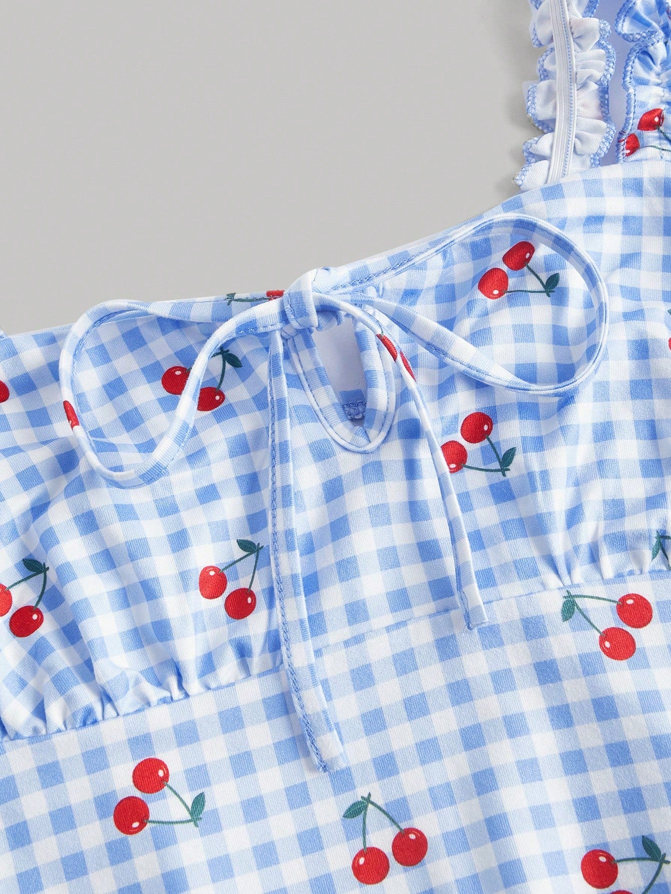Cherry Print Gingham Dress Neutral Color Single Piece Sleeveless Strap Design For Casual Wear