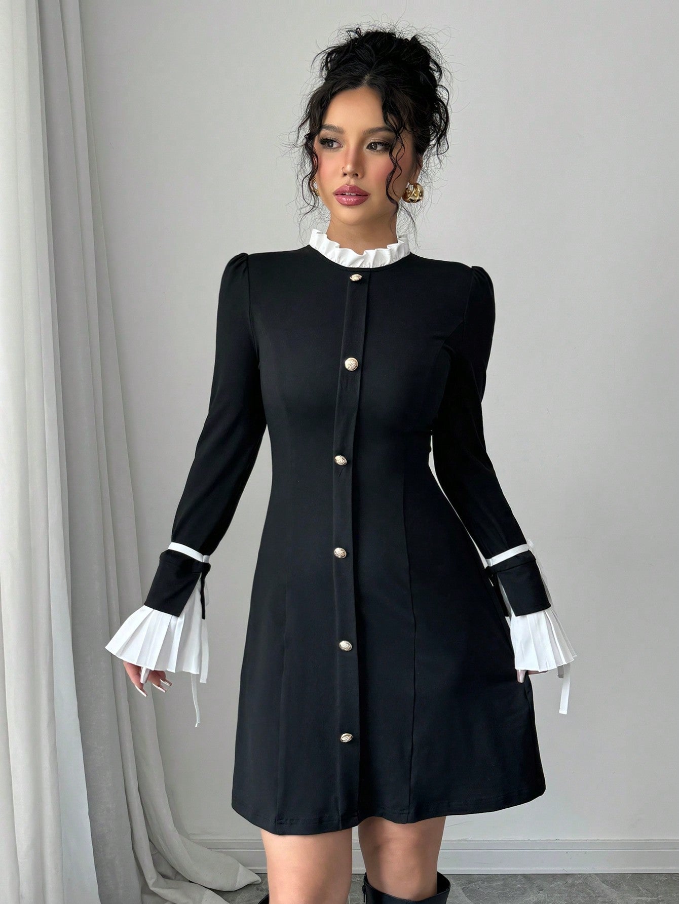 Women’s Woven Fabric Long Sleeve Dress, Collar and Cuff Splicing Detail with Bow Accent, 1 Piece, For Cooler Season Wear