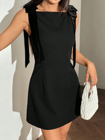 Women’s Woven Fabric Sleeveless Mini Dress, Bow Detail Design, Solid Pattern, 1 Piece, For Everyday Wear