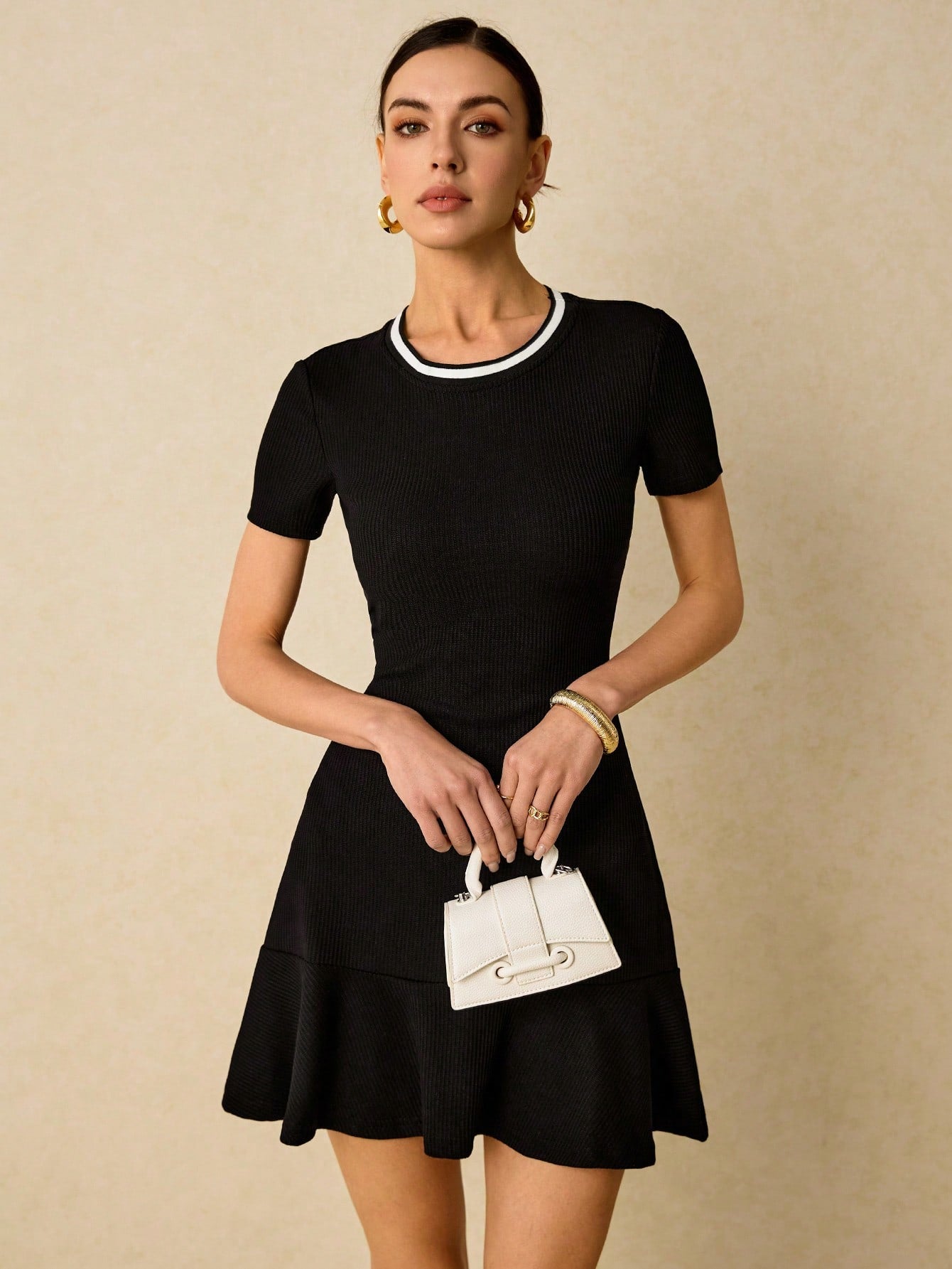 Women’s Woven Fabric Dress, Ruffle Hem Design with Contrast Binding Detail, 1 Piece, For Everyday Wear
