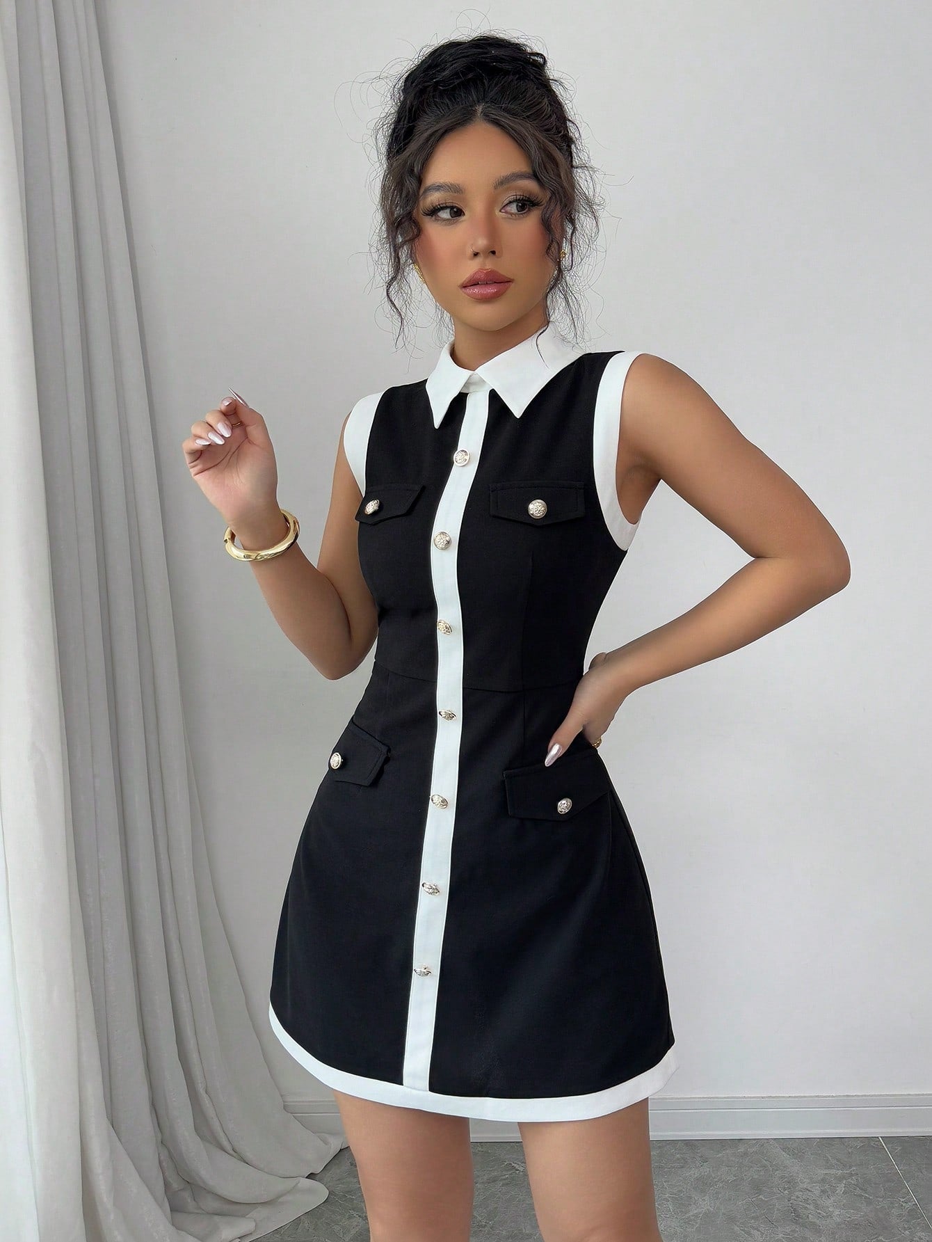 Women’s Woven Fabric Mini Dress, Collar Design with Button Decoration, 1 Piece, For Spring and Summer Wear