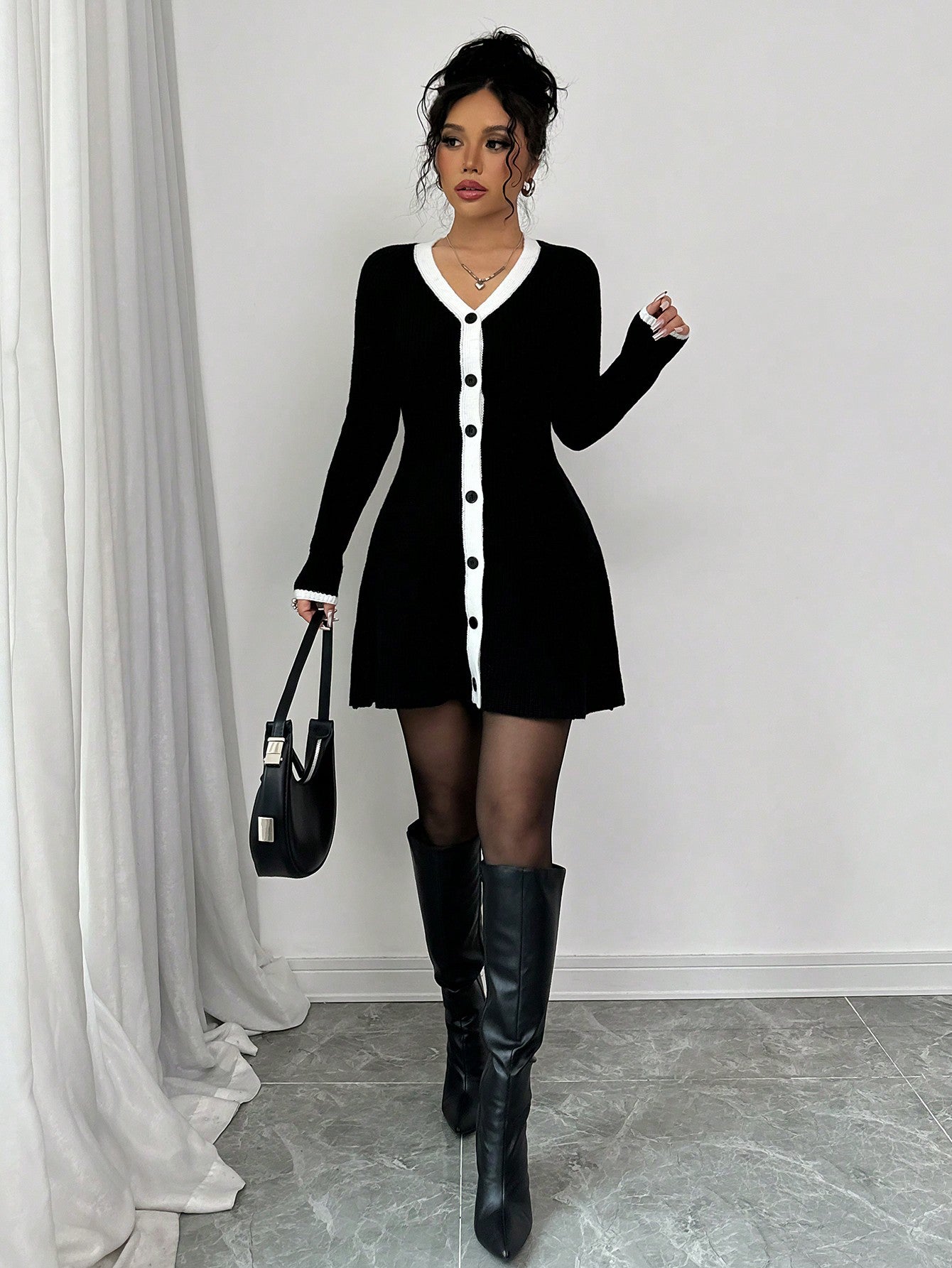 Women’s Knit Fabric A-Line Dress, Long Sleeve Contrast Trim Design, 1 Piece, For Cooler Season Wear