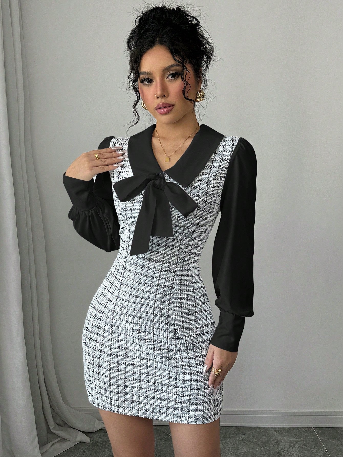 Women’s Woven Fabric Dress, Color Block Patchwork Design, Bow Detail, 2 In 1 Style, 1 Piece, For Autumn Wear