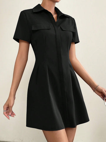 Women’s Woven Fabric Shirt Dress, Flap Pocket with Pleated Detail, 1 Piece, For Everyday Wear