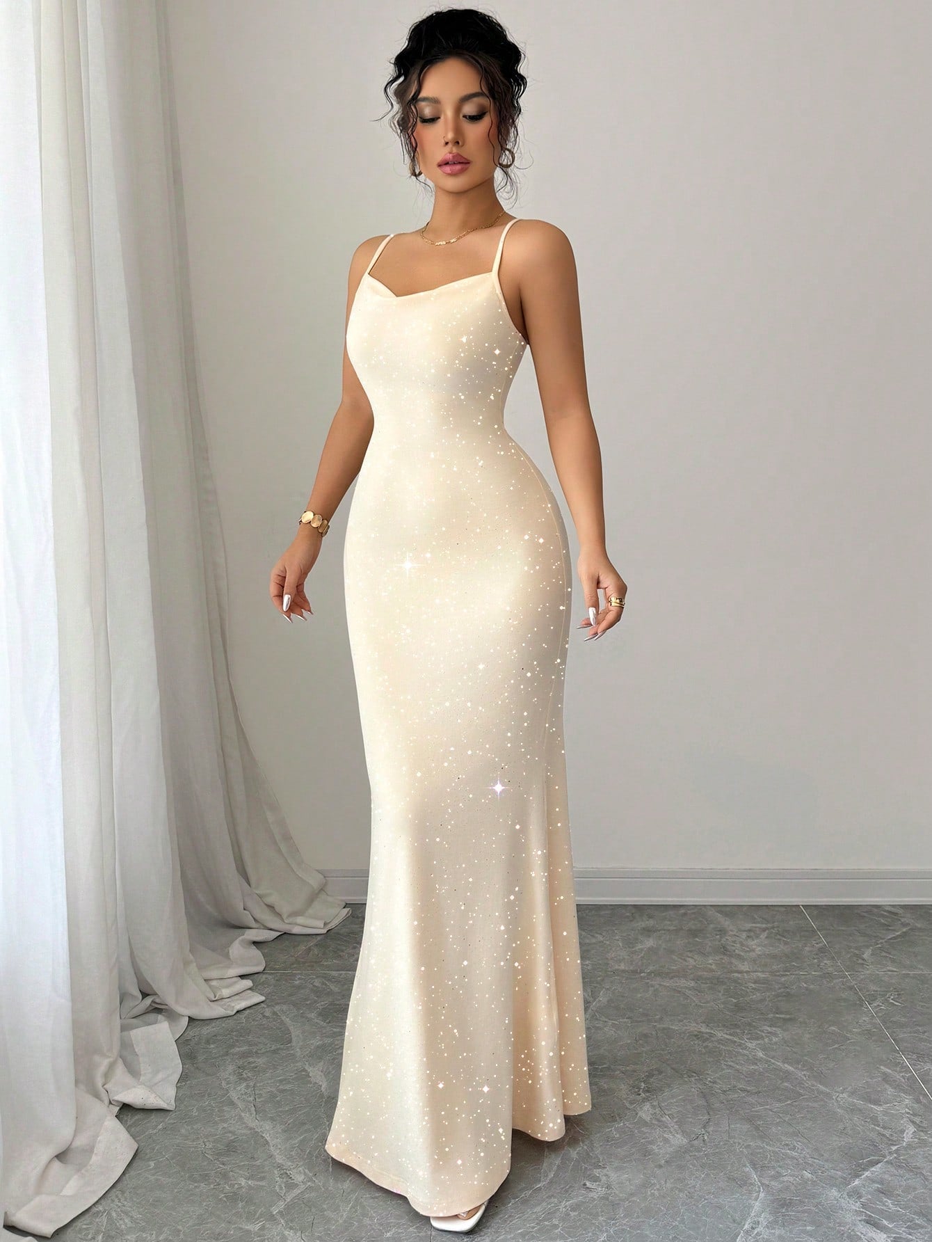 Women’s Glitter Spaghetti Strap Dress with Tie-Up Design, Suitable for Party Wear