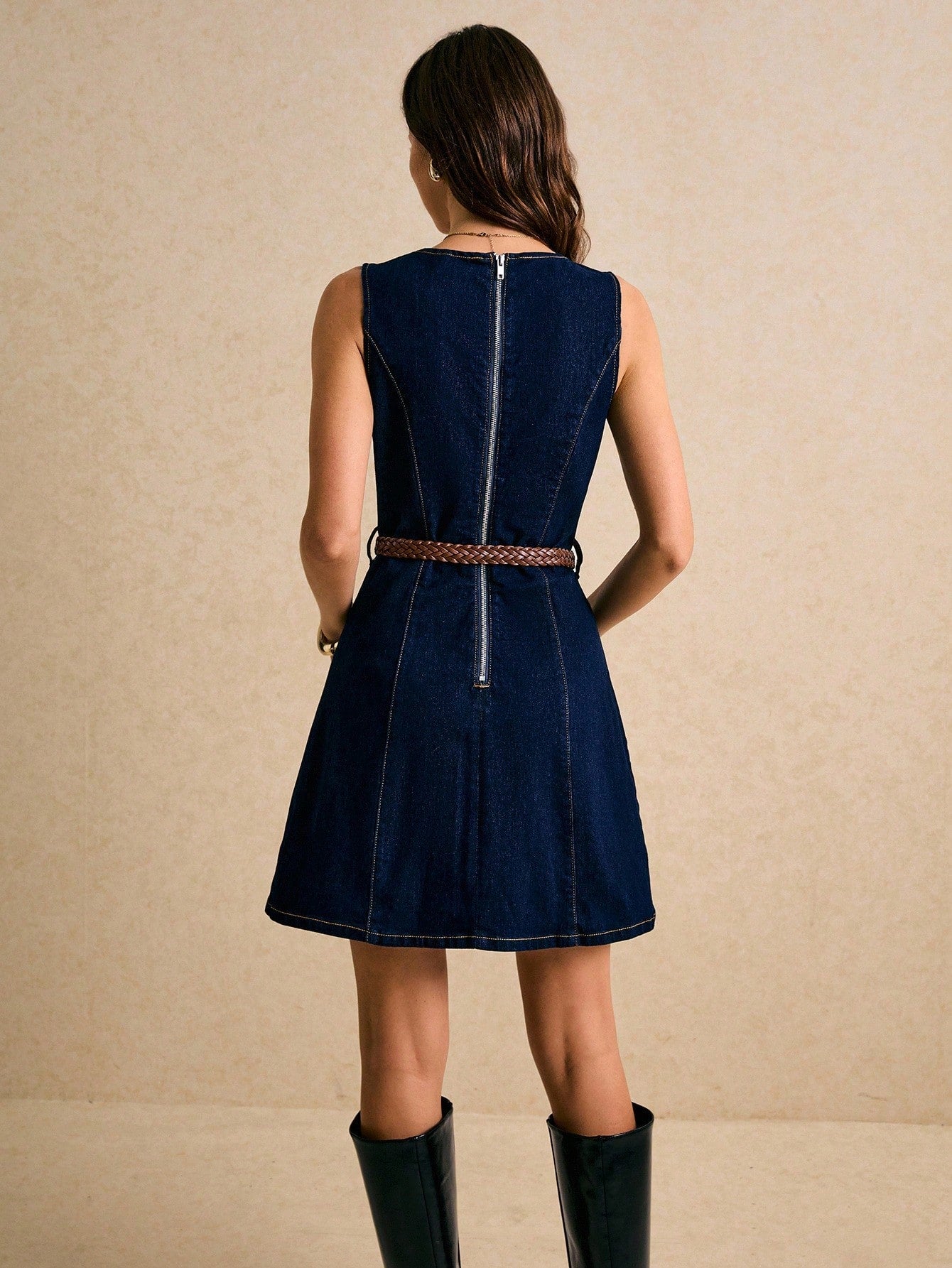 Women’s Denim Fabric Sleeveless Dress, Round Neck Design with Belt Detail, 1 Piece, For Work and Daily Wear