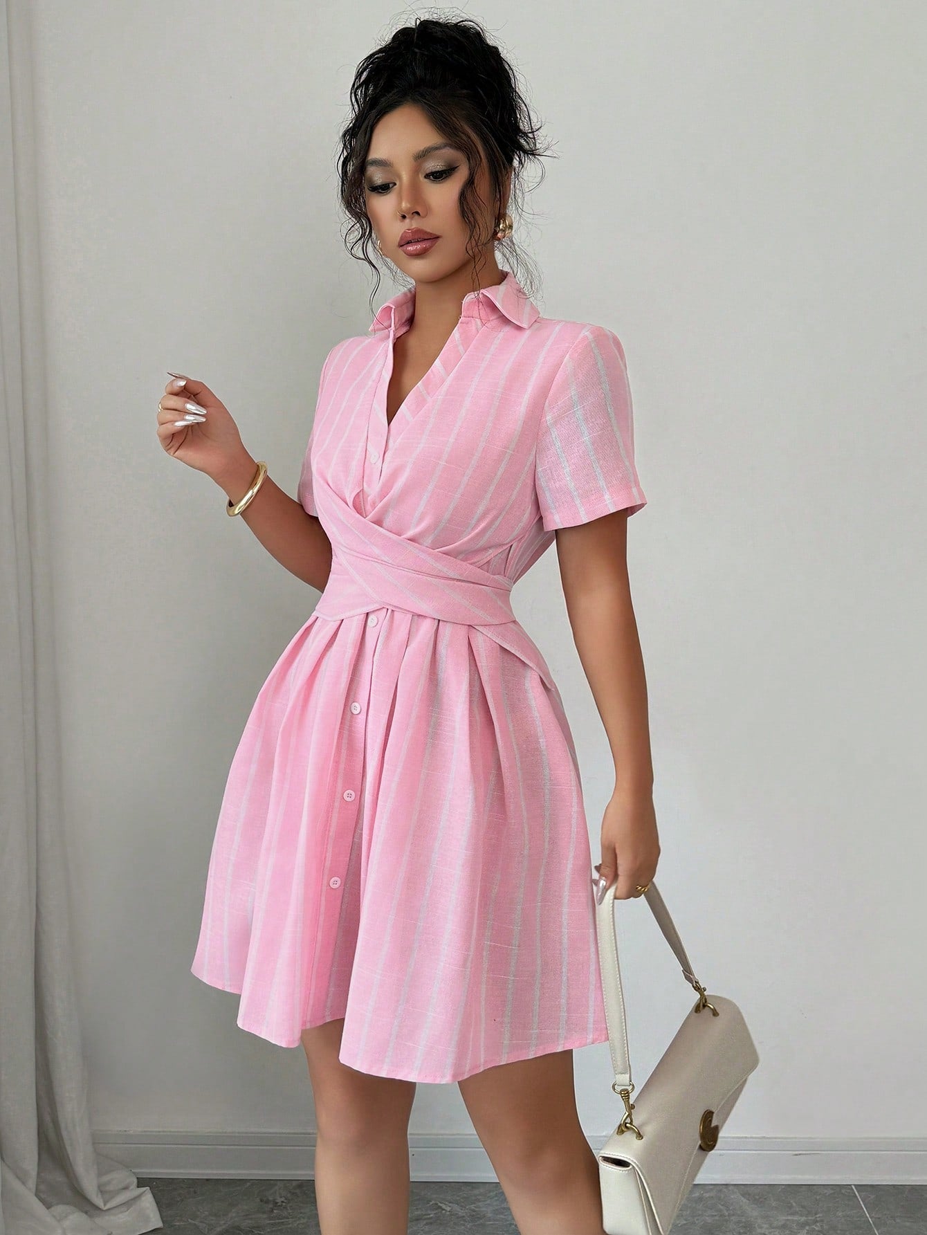 Women’s Woven Fabric Shirt-Style Dress, Short Sleeve Design with Tie Waist Detail, Striped Pattern, 1 Piece, For Summer Daily Wear