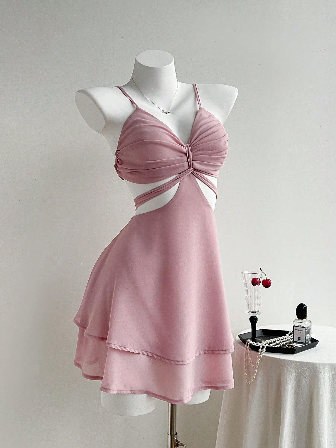 Solid Color Mini Dress Pink Color Single Piece Sleeveless Strap Design For Daily Styling